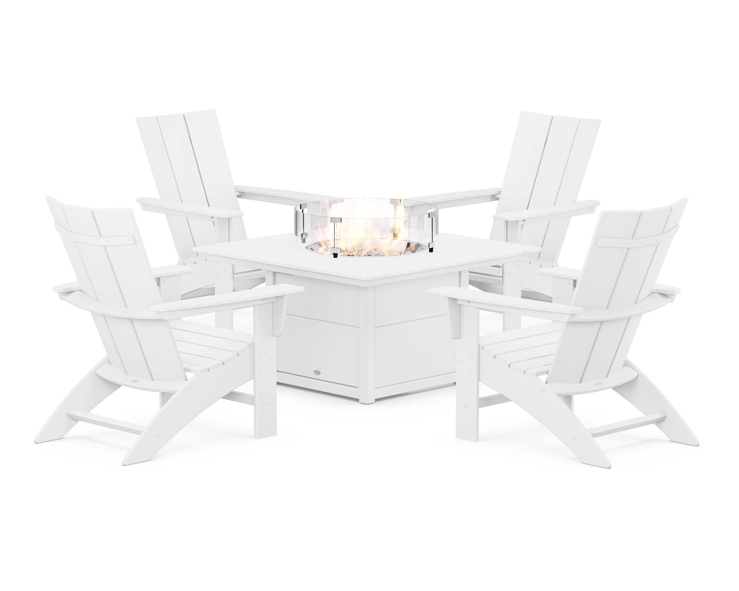 Modern Curveback Adirondack 5-Piece Conversation Set with Fire Pit Table in White