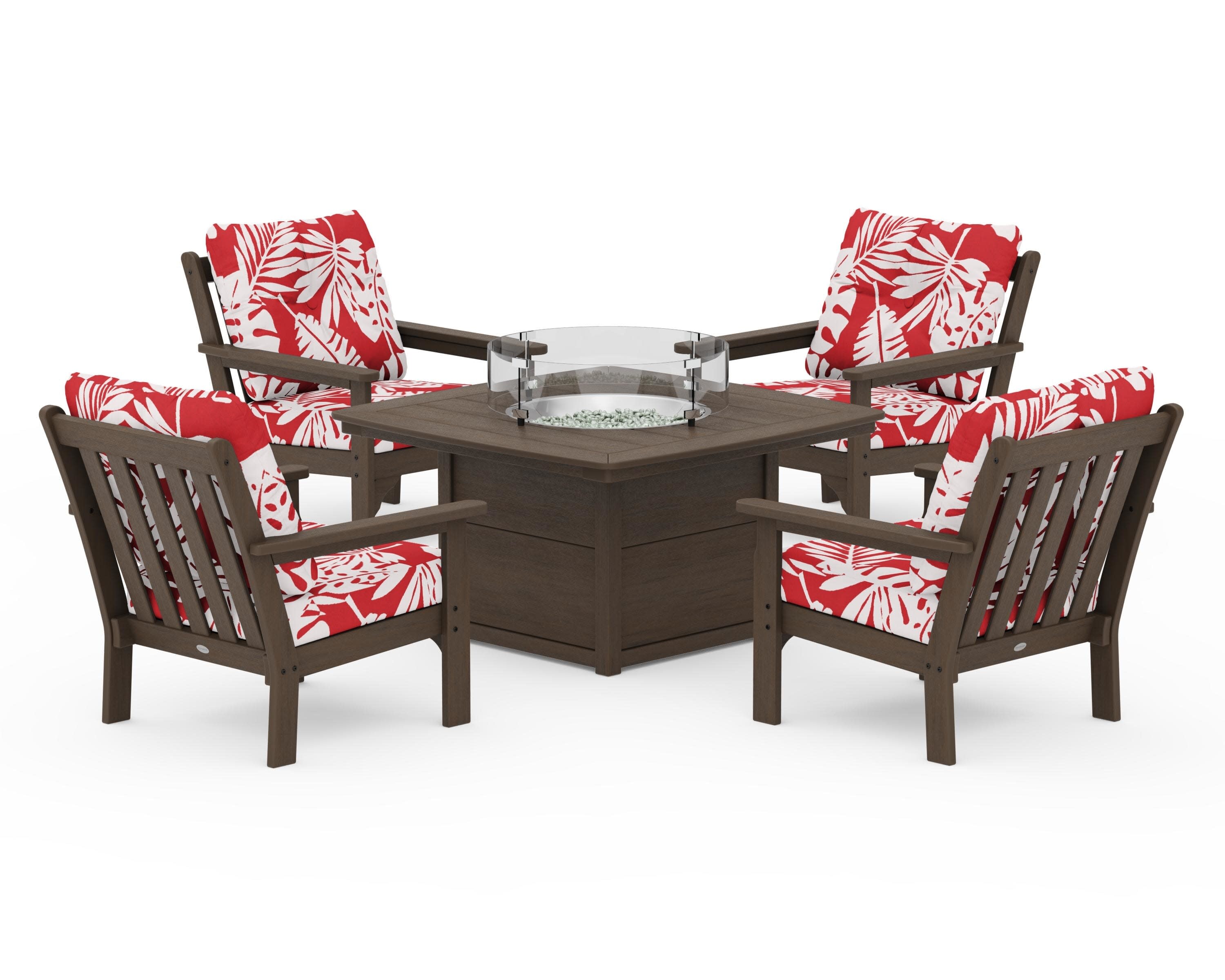 Vineyard 5-Piece Conversation Set with Fire Pit Table in Kona / Leaf Crimson
