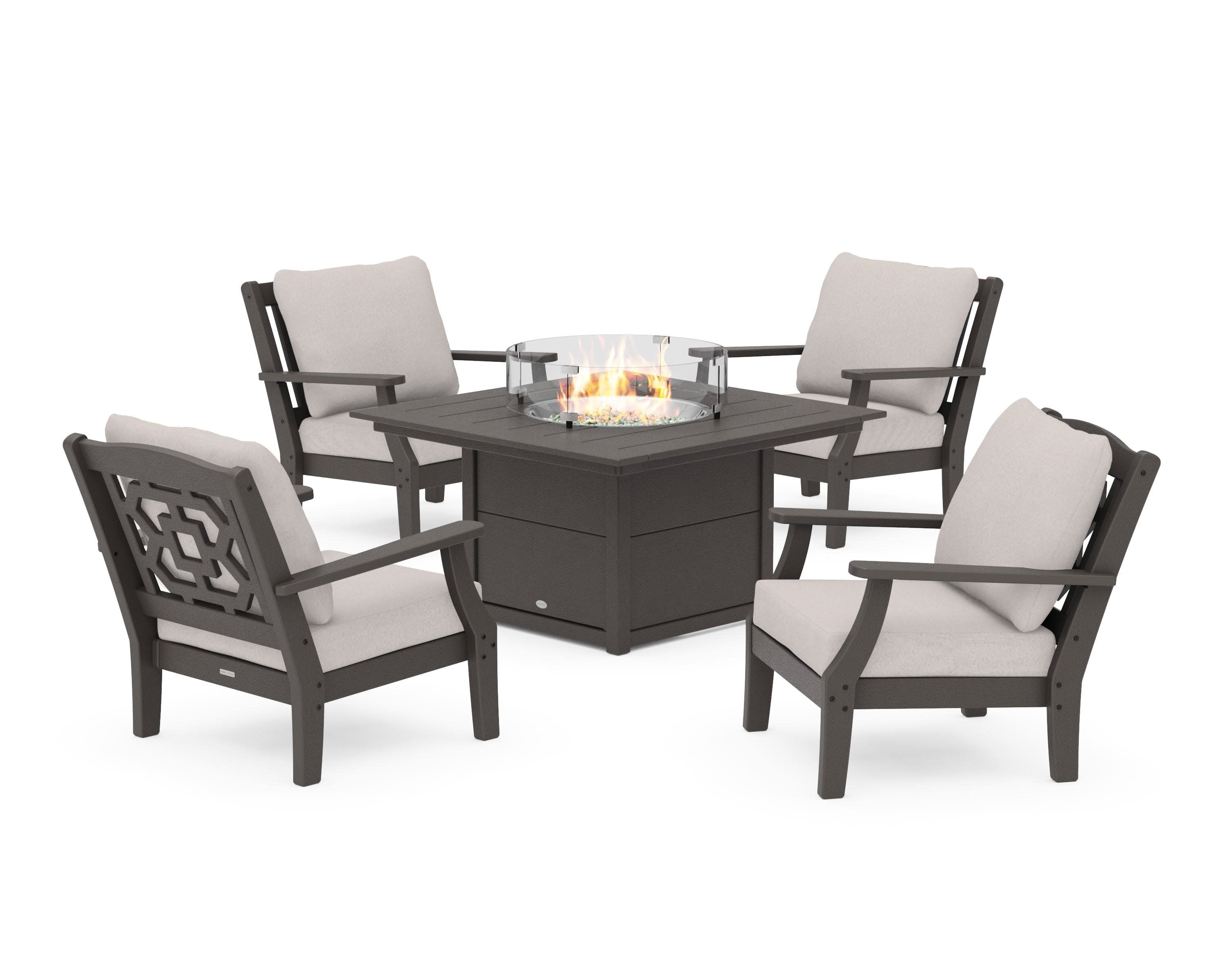 Chinoiserie 5-Piece Deep Seating Set with Fire Pit Table in Vintage Coffee / Dune Burlap