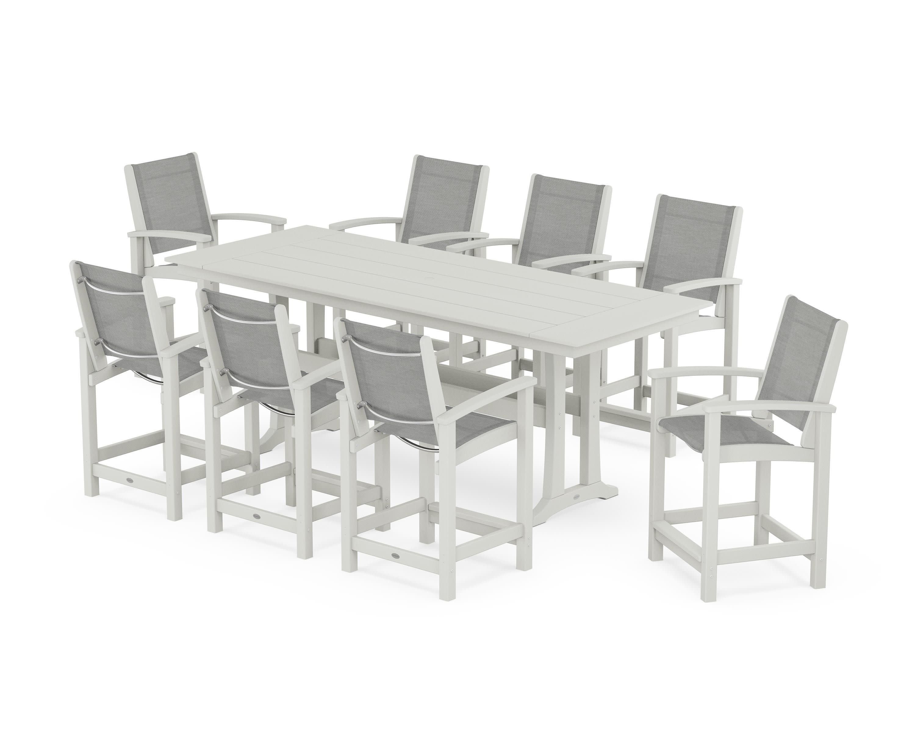 Coastal 9-Piece Farmhouse Counter Set with Trestle Legs in Vintage White / Metallic Sling