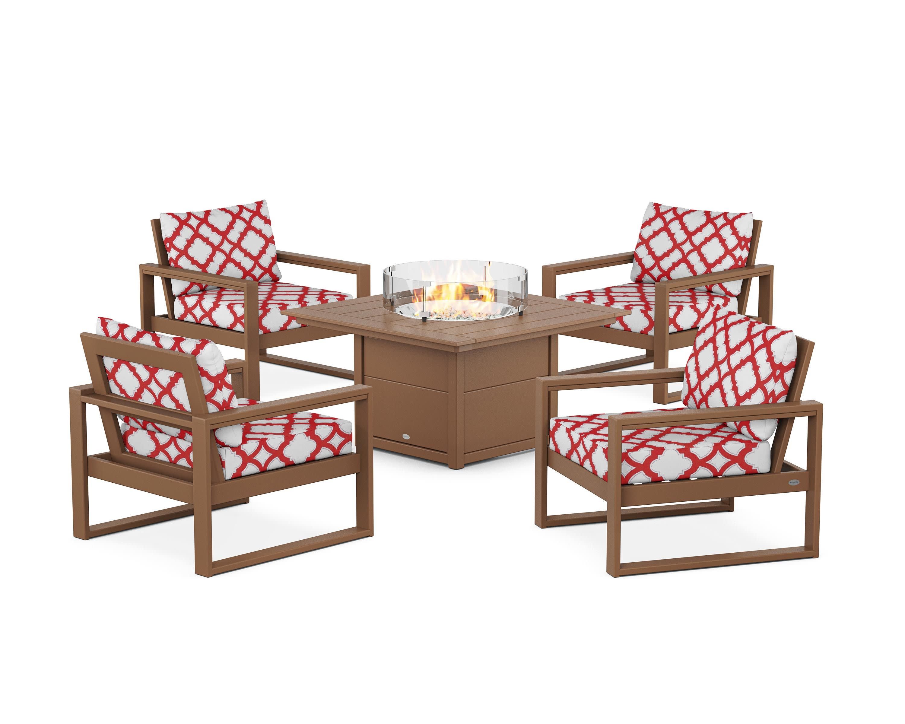 EDGE Sectional 5-Piece Deep Seating Set with Fire Pit Table in Teak / Trellis Crimson