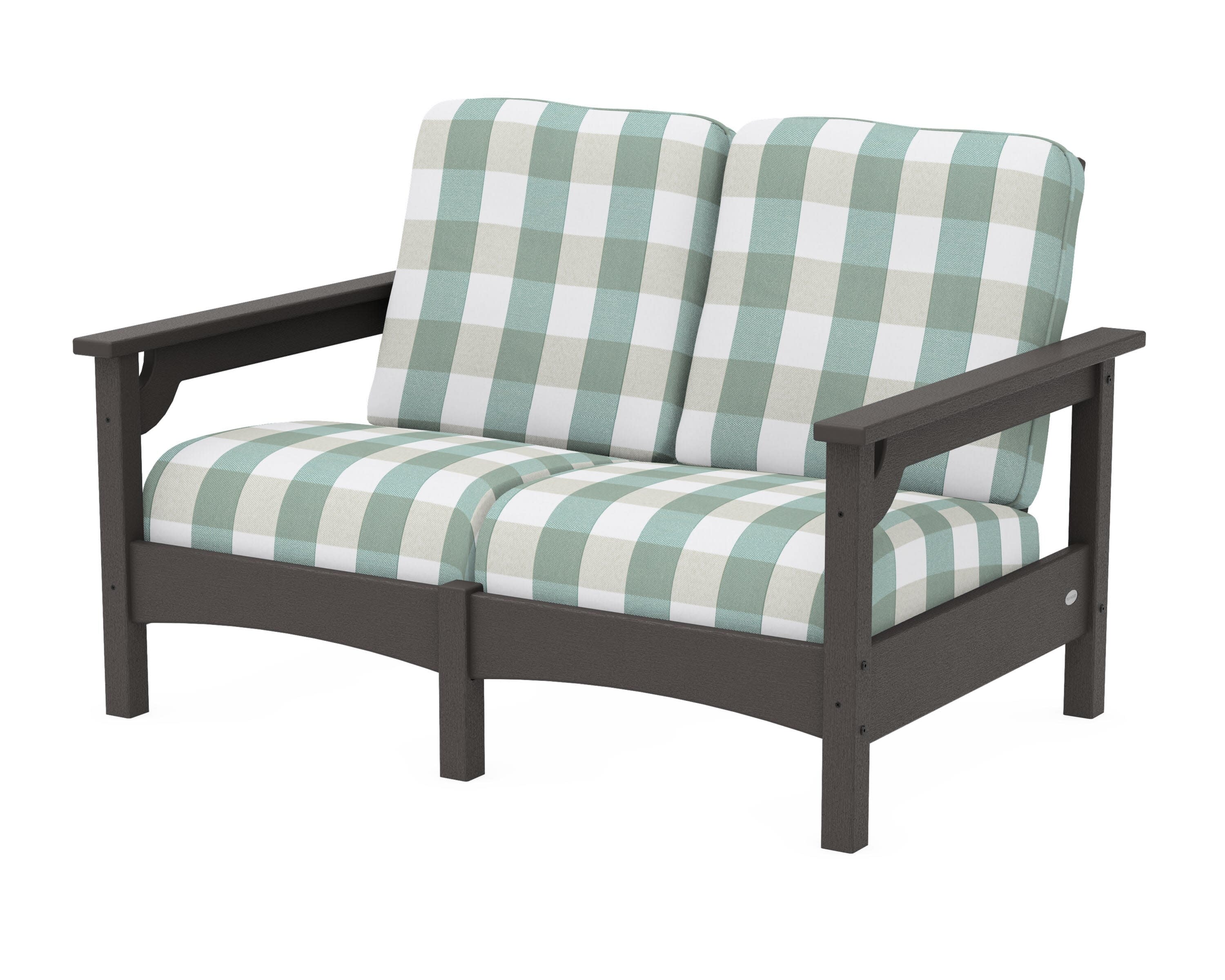 Club Loveseat in Vintage Coffee / Buffalo Plaid Glacier Spa