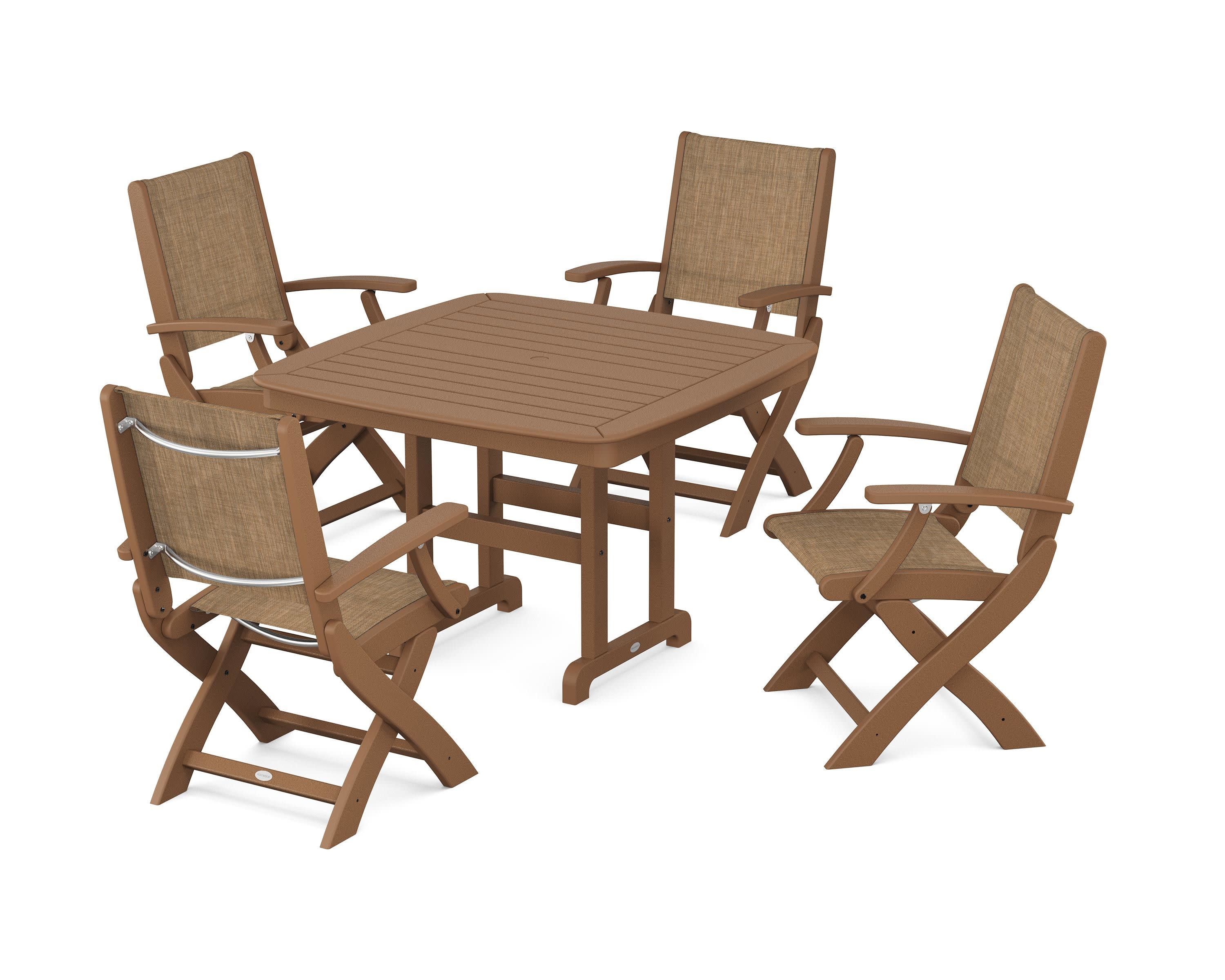 Coastal Folding Chair 5-Piece Dining Set in Teak / Burlap Sling