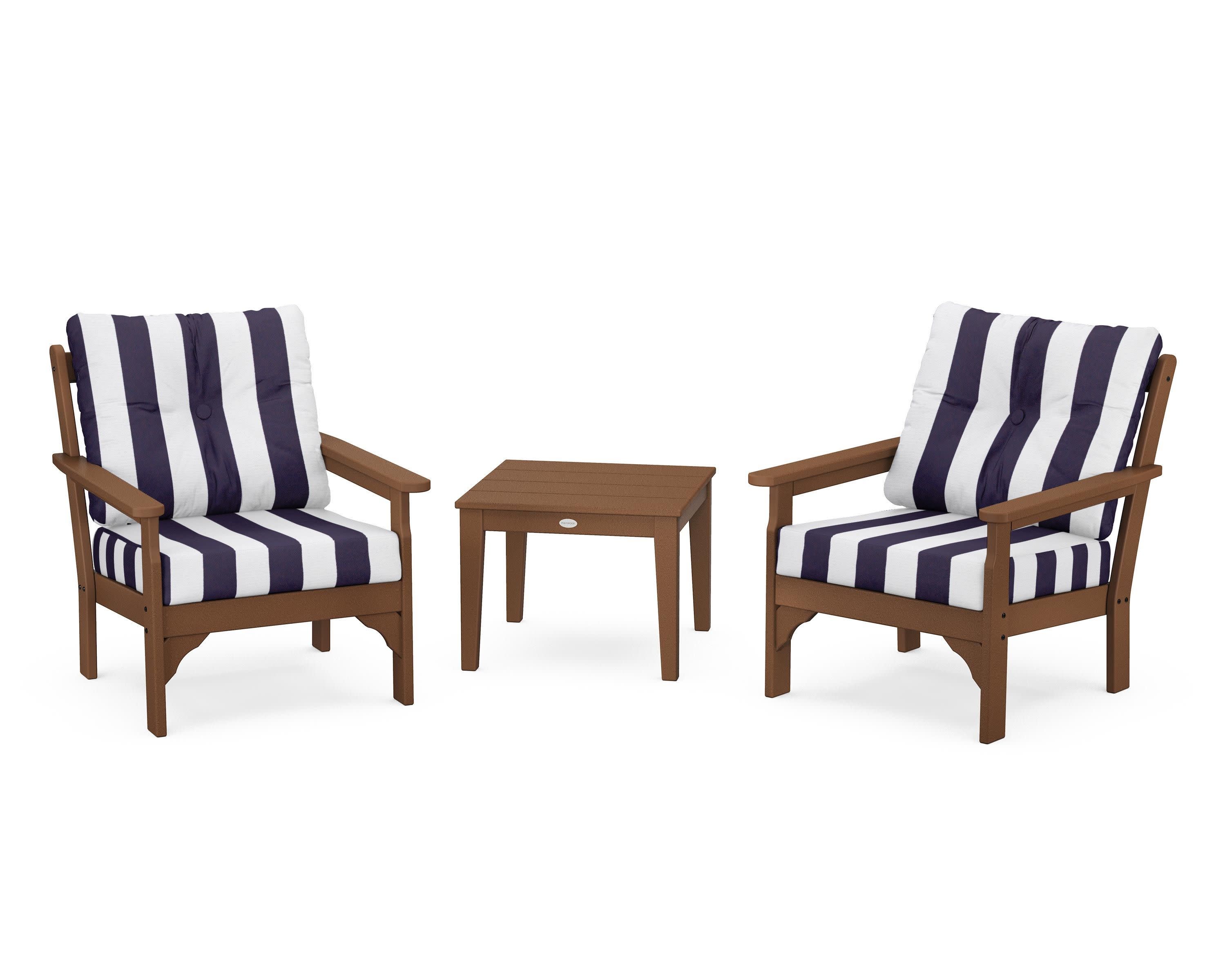 Vineyard 3-Piece Deep Seating Set in Teak / Cabana Stripe Navy