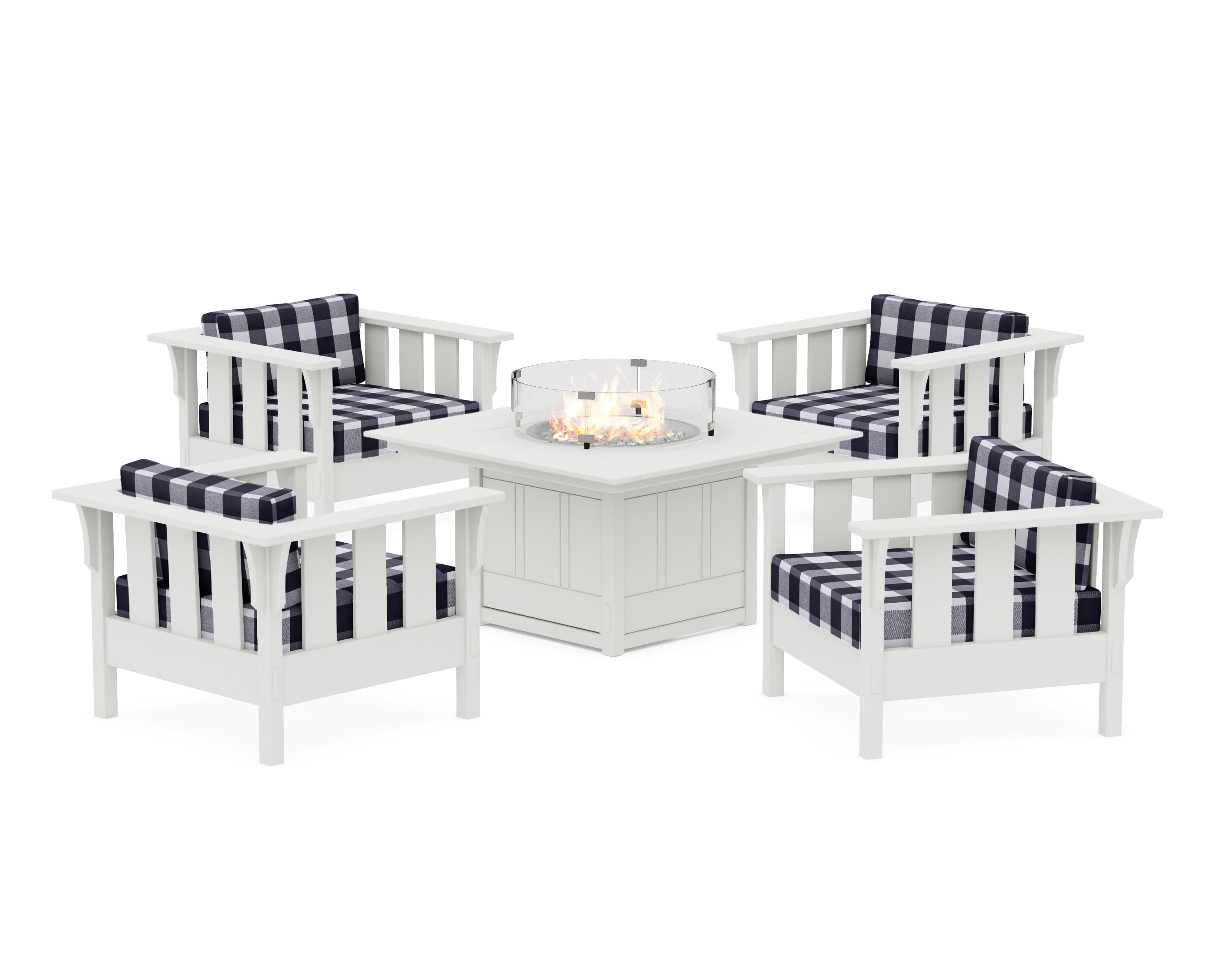 Acadia 5-Piece Deep Seating Set with Fire Pit Table in Vintage White / Buffalo Plaid Navy