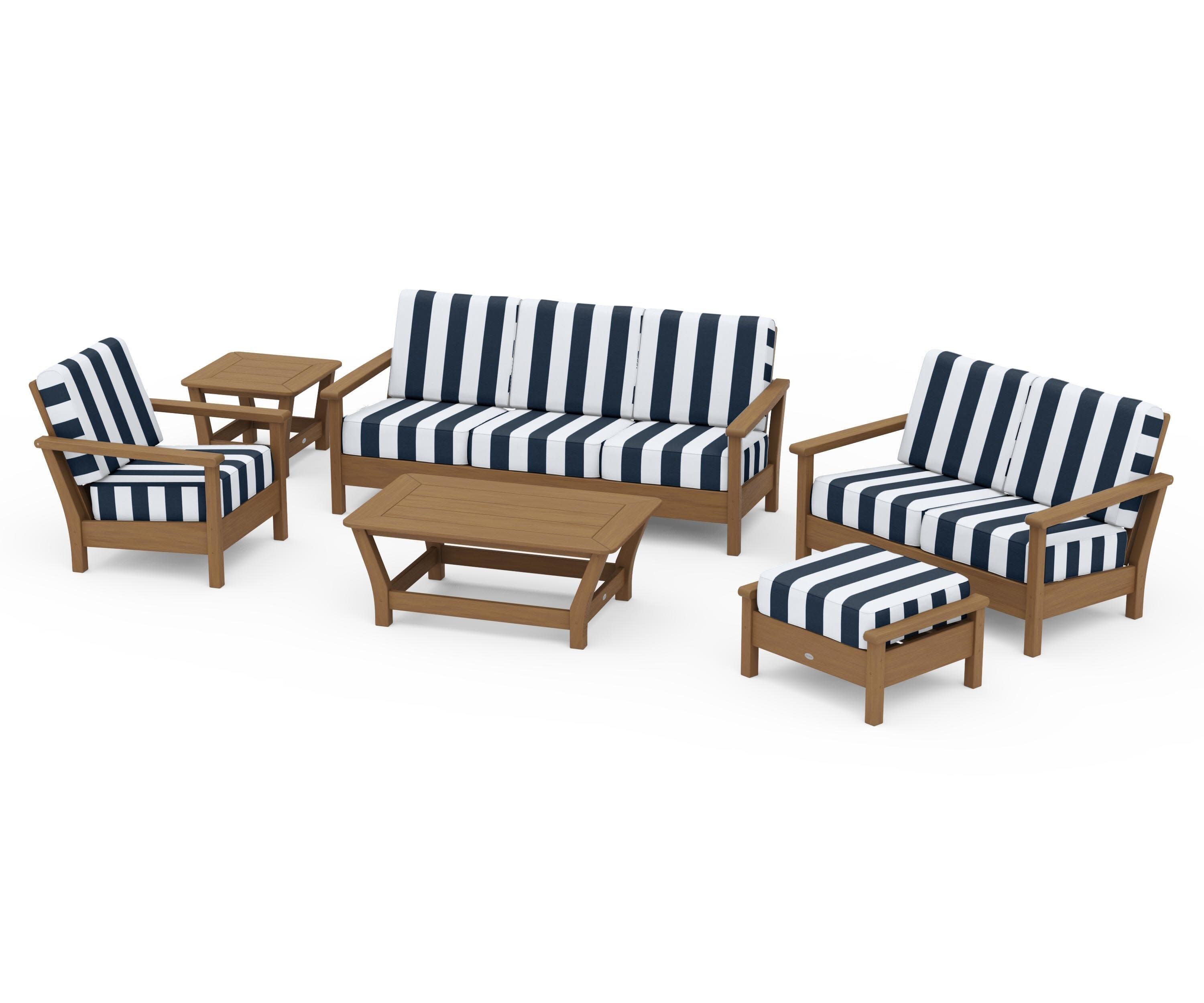 Harbour 6-Piece Outdoor Living Set in Natural / Cabana Stripe Marine Indigo
