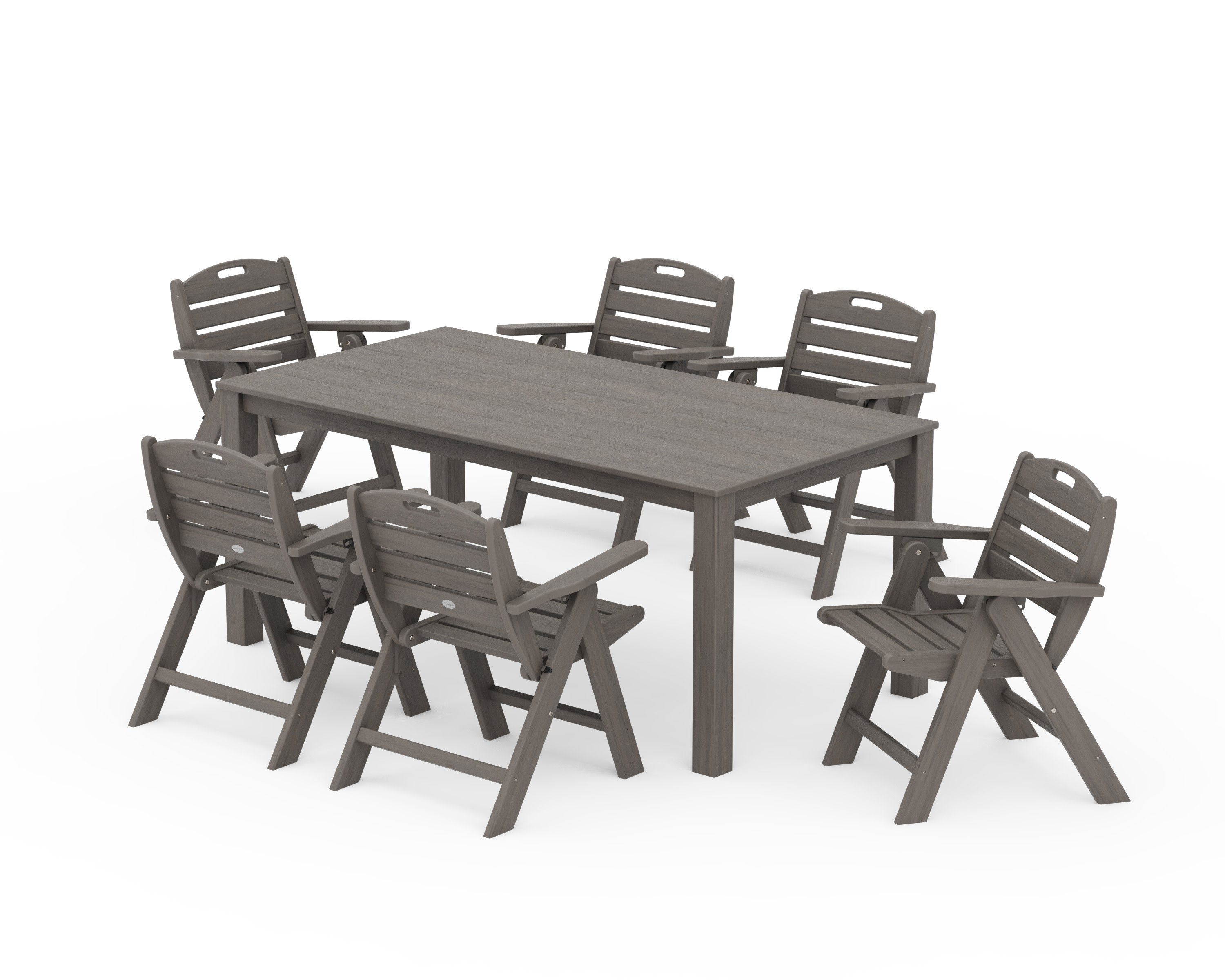Nautical Folding Lowback Chair 7-Piece Parsons Dining Set in Driftwood