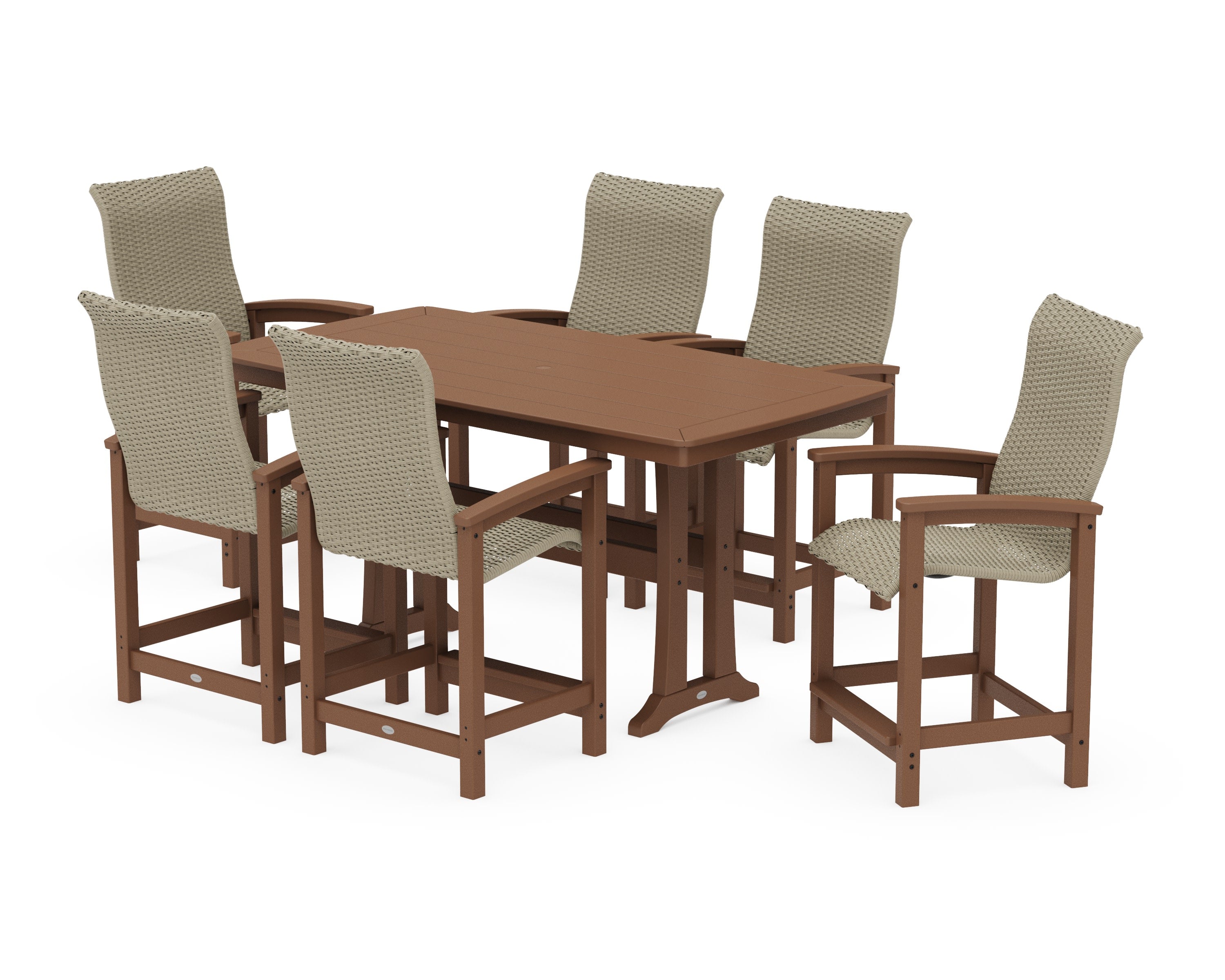 Coastal Woven High-Back Arm Chair 7-Piece Counter Set with Trestle Legs in Teak / Dune Grass