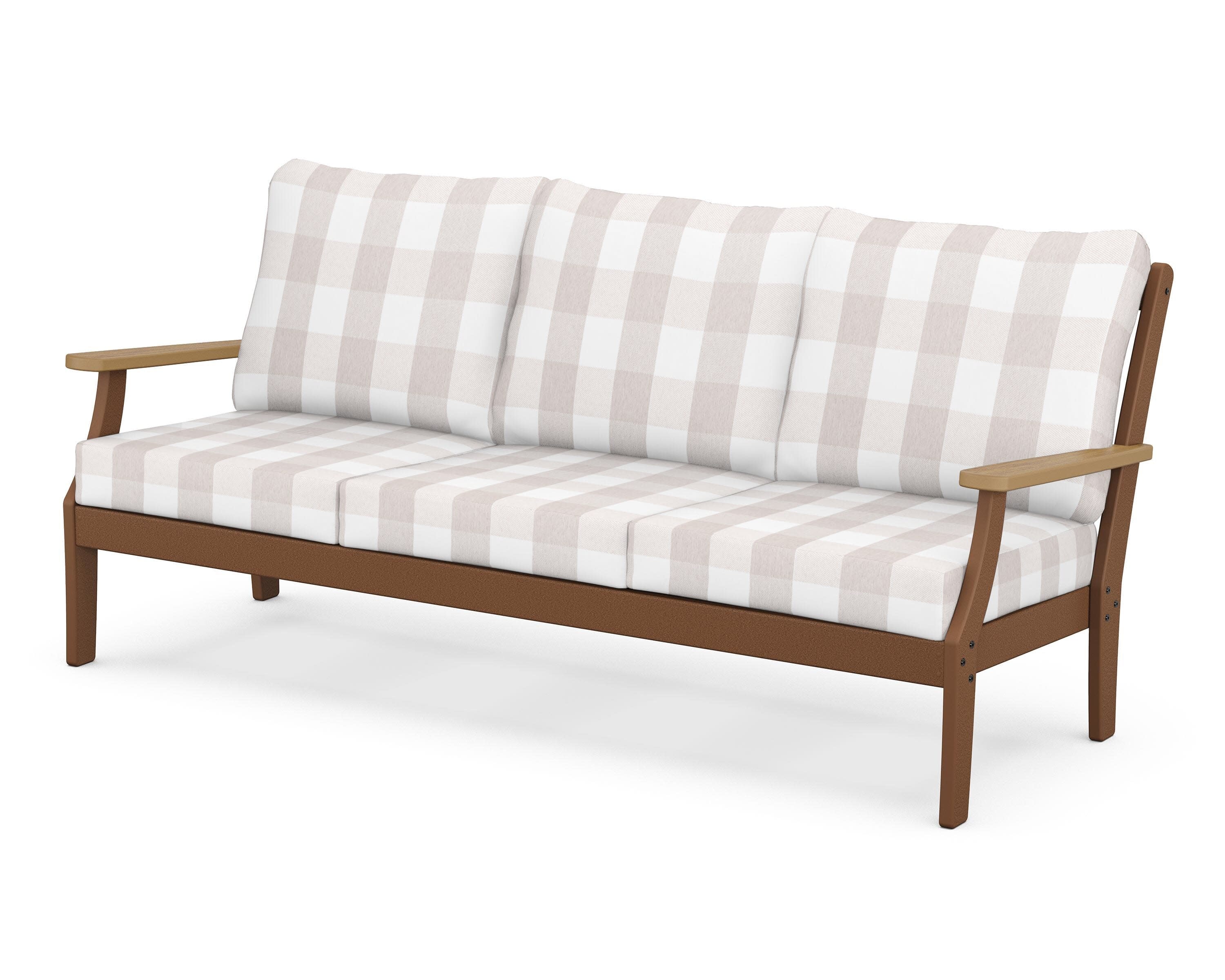 Braxton Deep Seating Sofa in Teak / Natural / Buffalo Plaid Dune Burlap