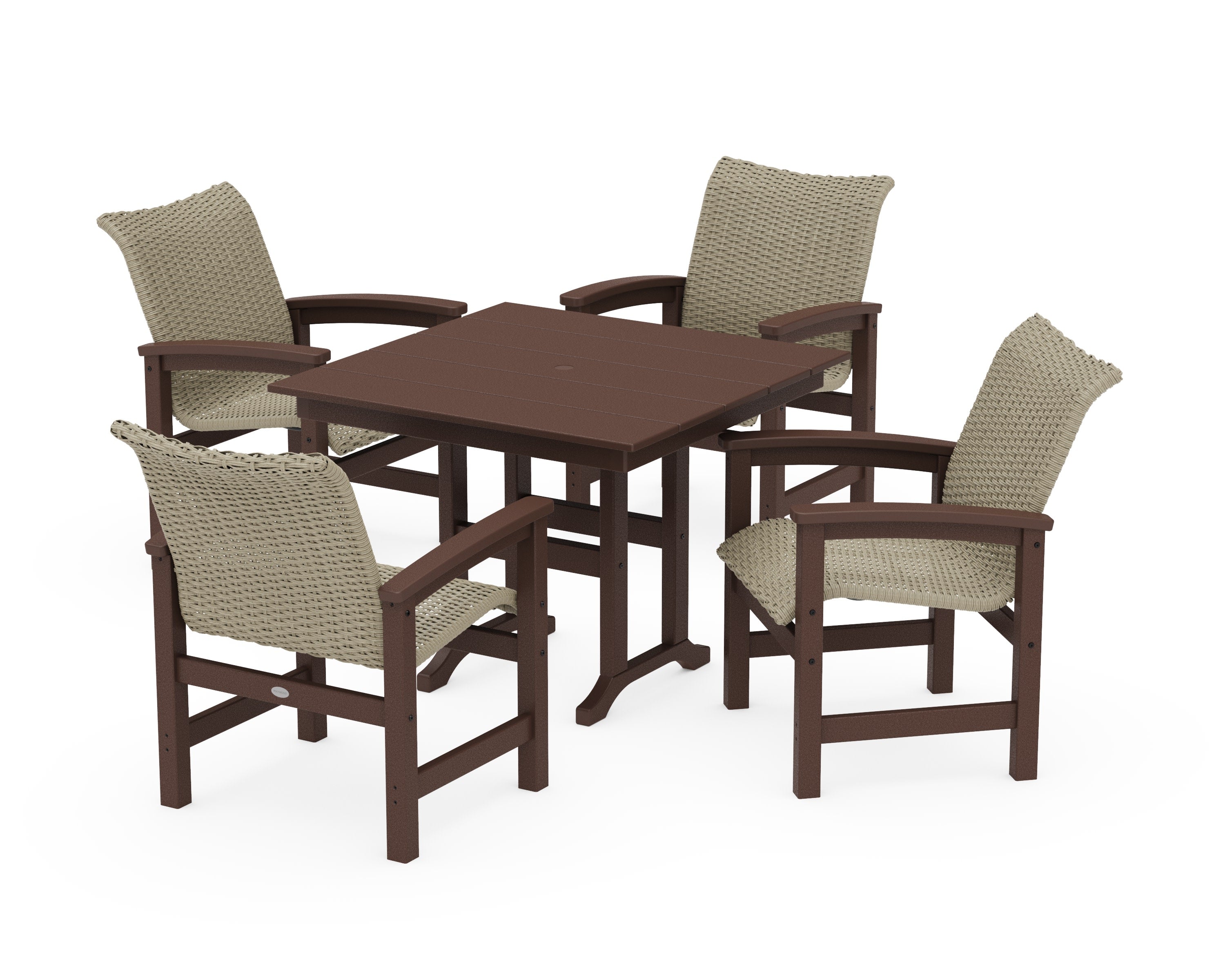 Coastal Woven 5-Piece Farmhouse Dining Set in Mahogany / Dune Grass