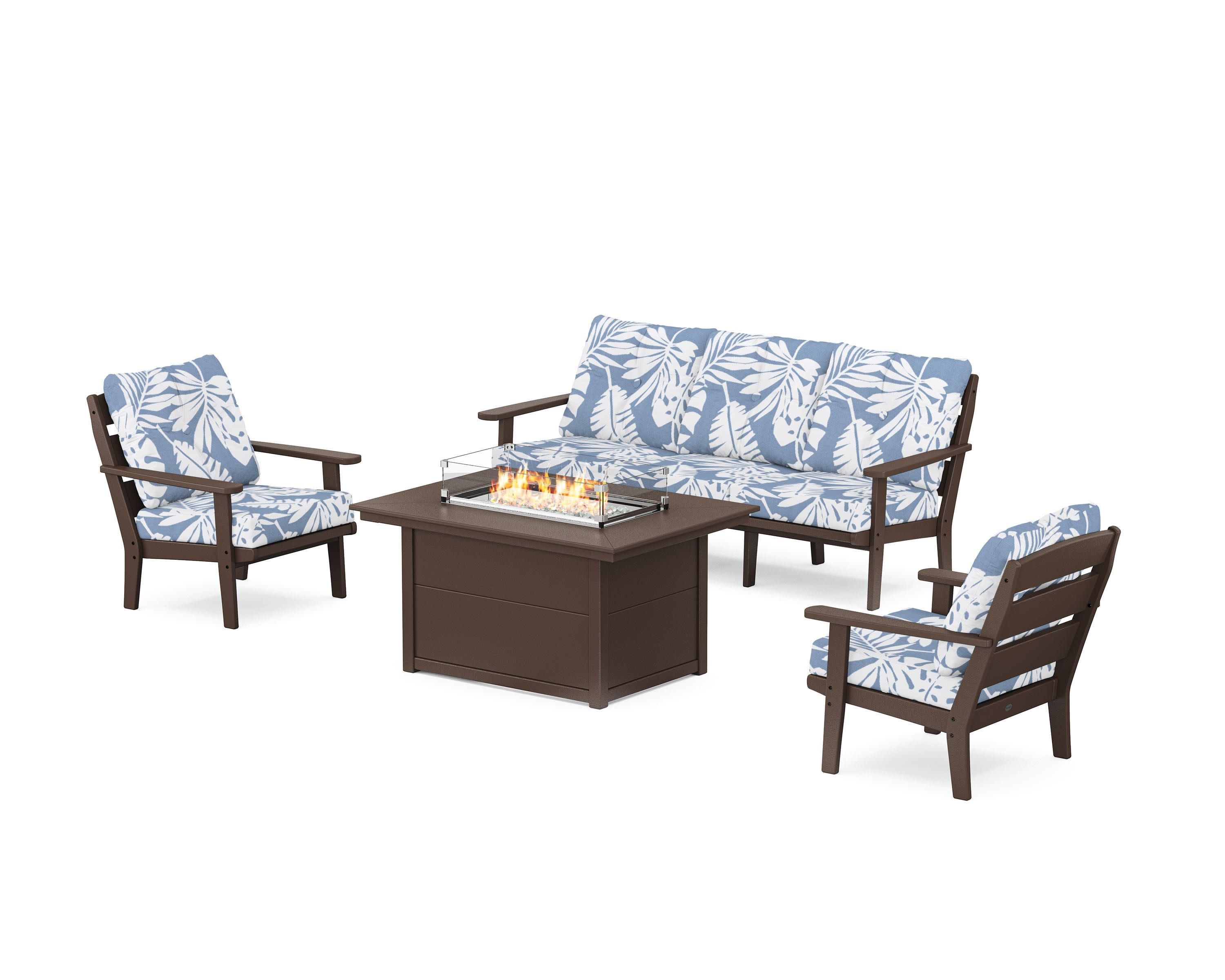 Lakeside Deep Seating Fire Pit Table Set in Mahogany / Leaf Sky Blue