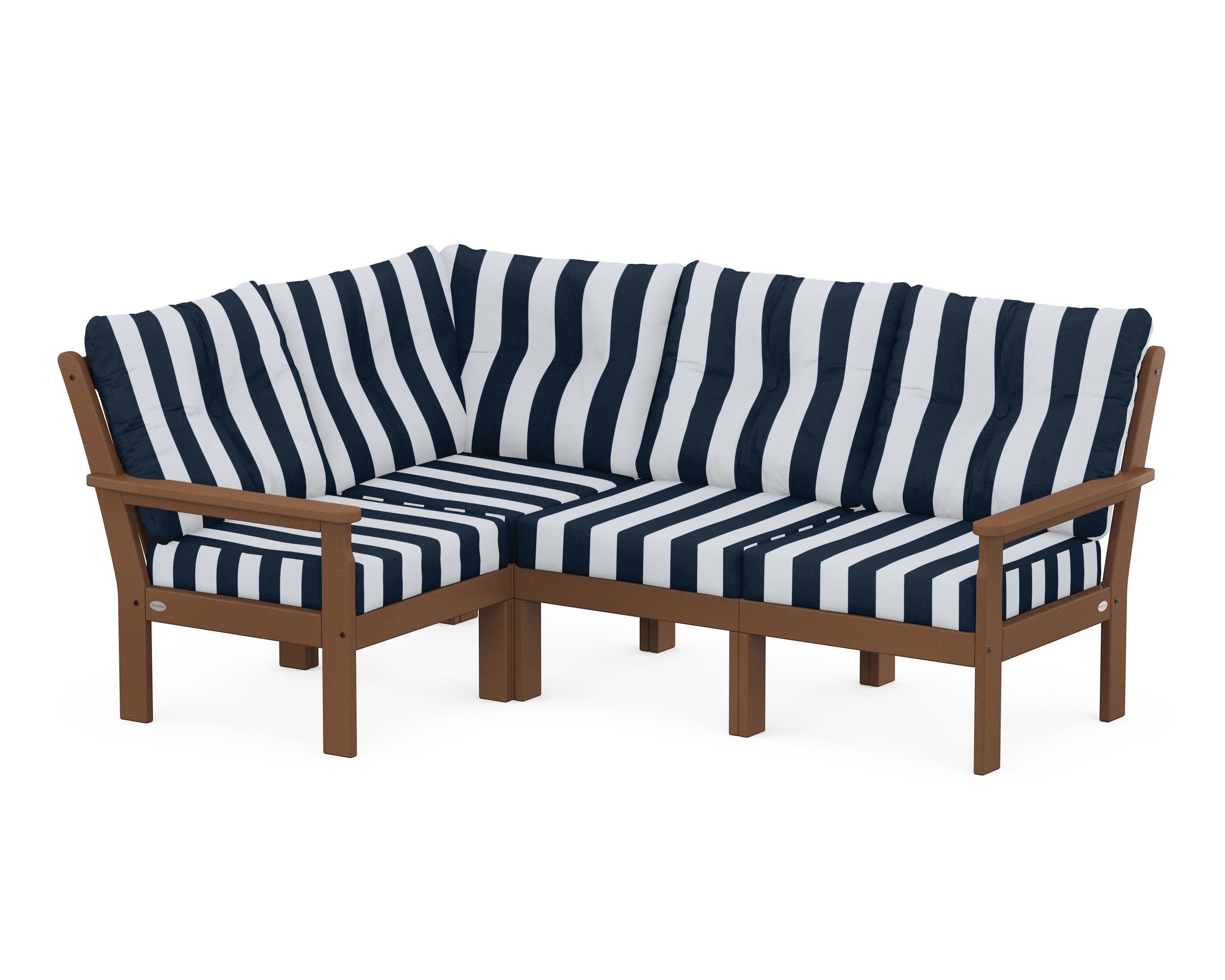 Vineyard 4-Piece Sectional in Teak / Cabana Stripe Marine Indigo