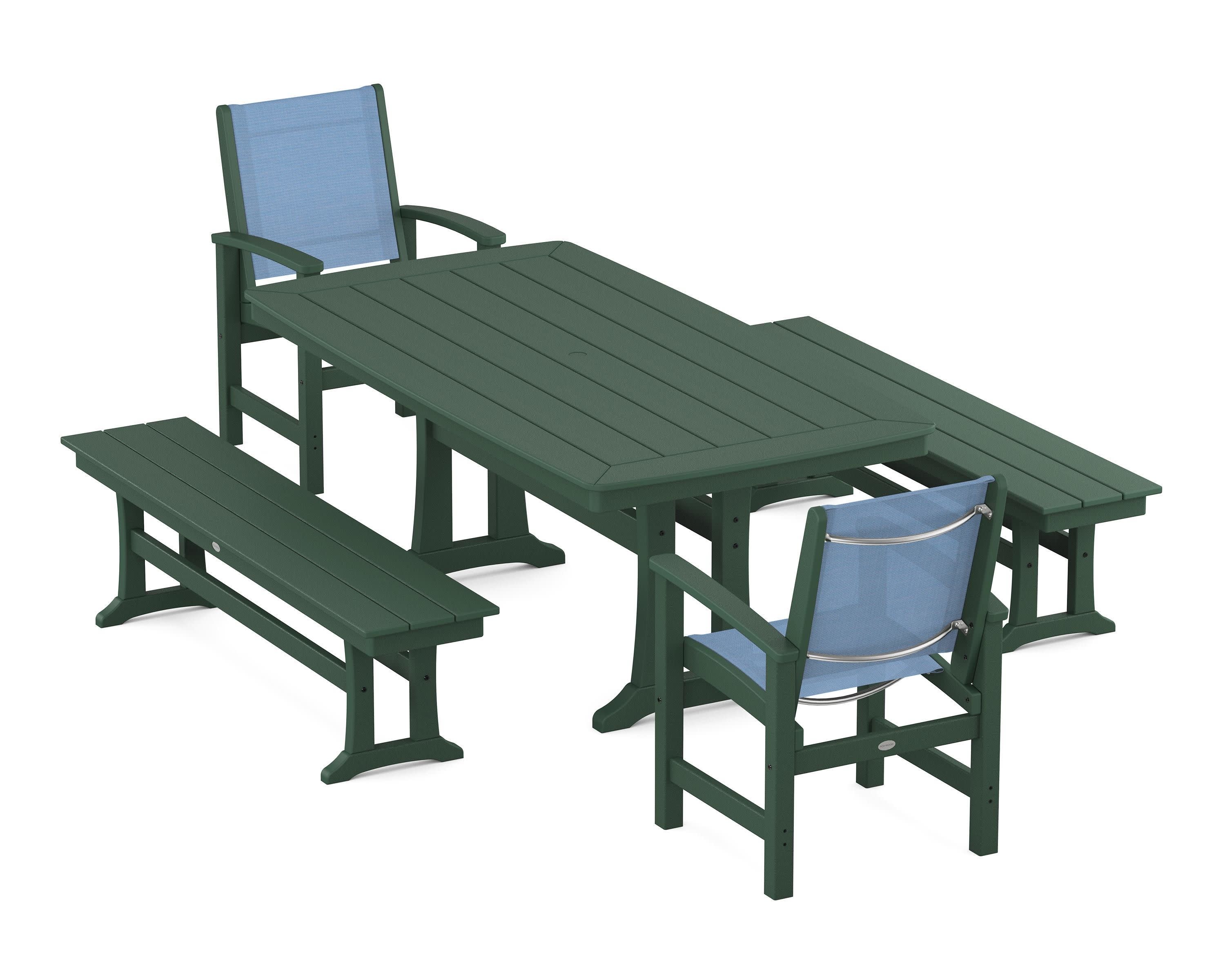 Coastal 5-Piece Dining Set with Trestle Legs and Benches in Green / Poolside Sling