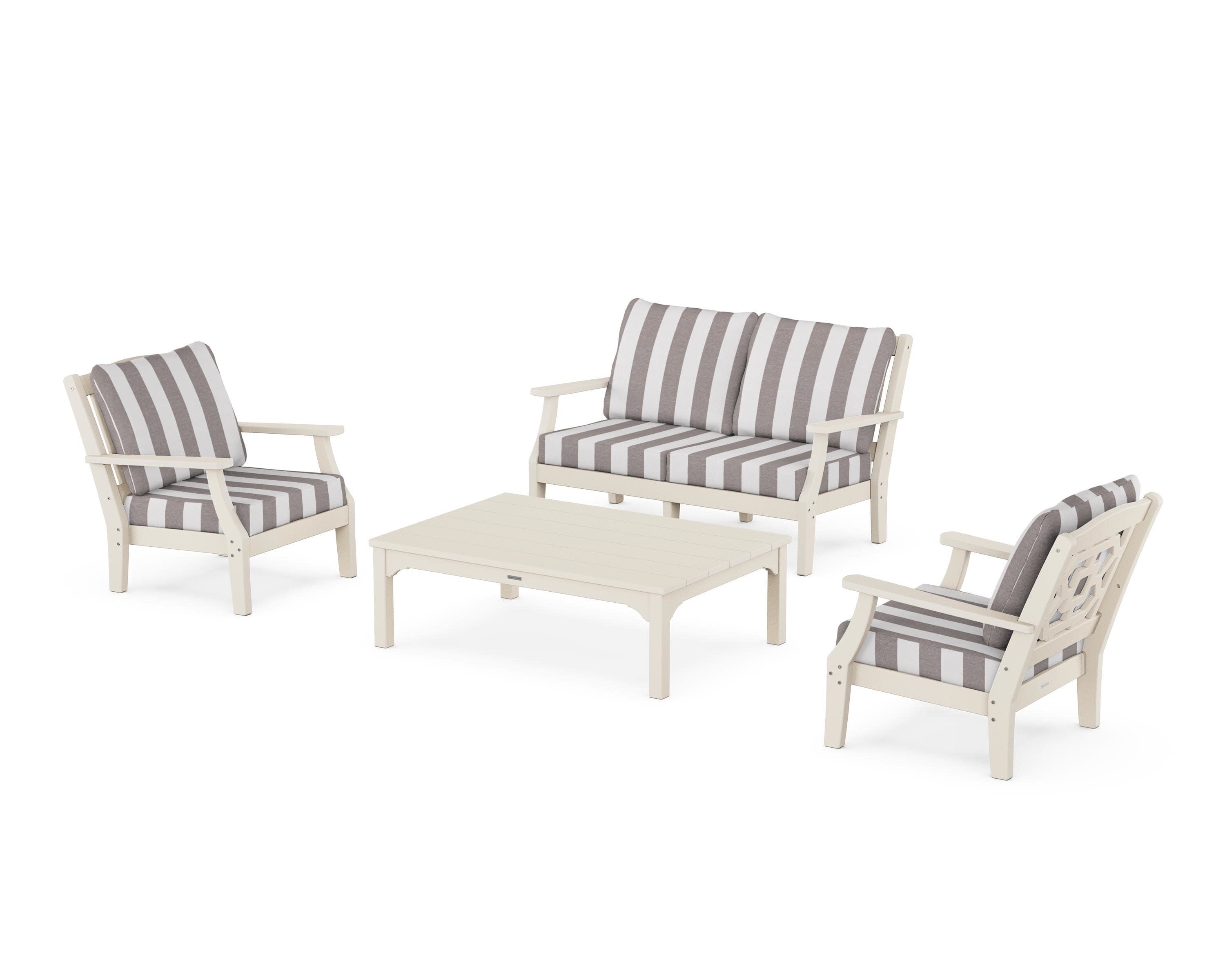 Chinoiserie 4-Piece Deep Seating Set with Loveseat in Sand / Cabana Stripe Grey Mist