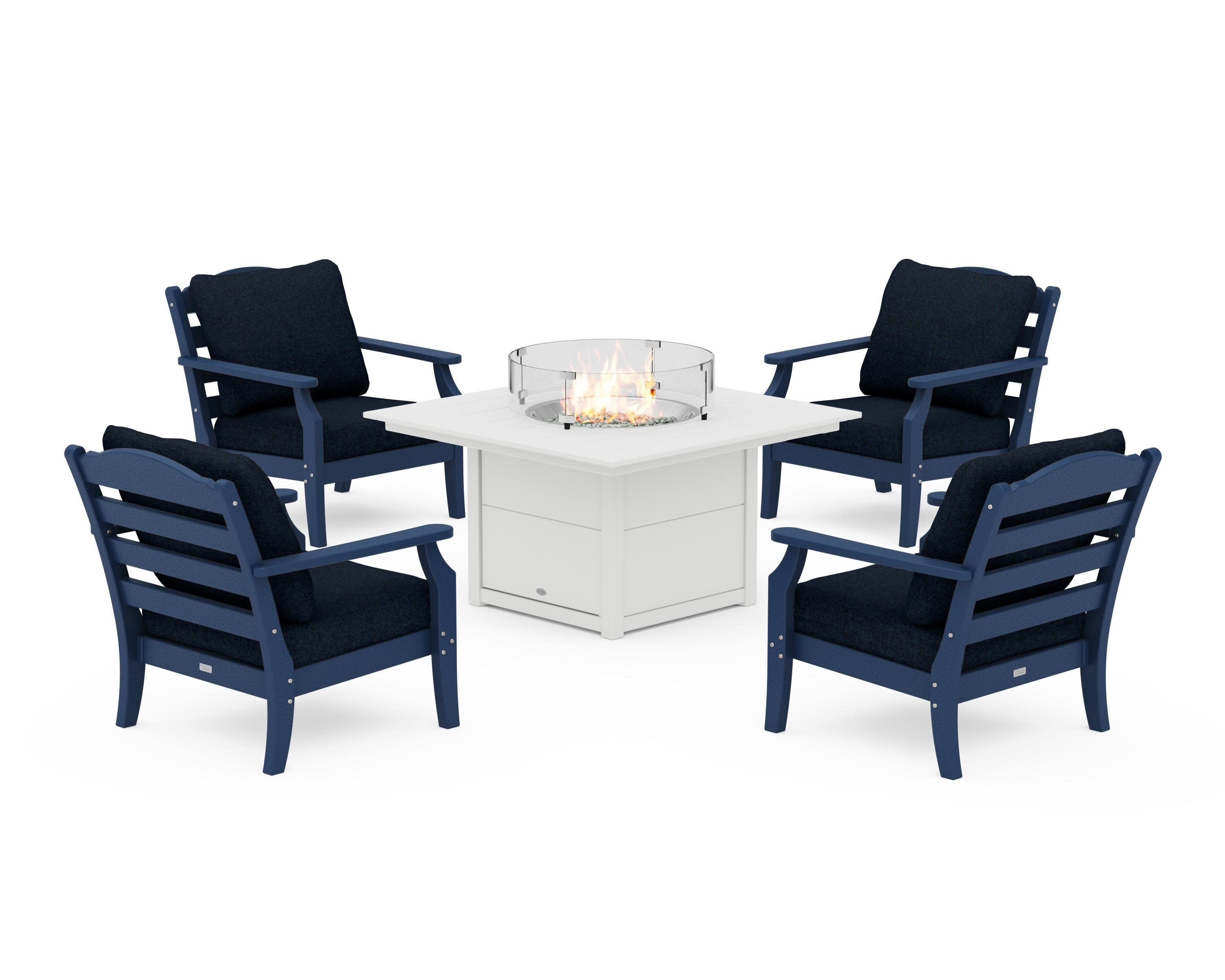 Savannah 5-Piece Deep Seating Set with Fire Pit Table in Navy / Marine Indigo