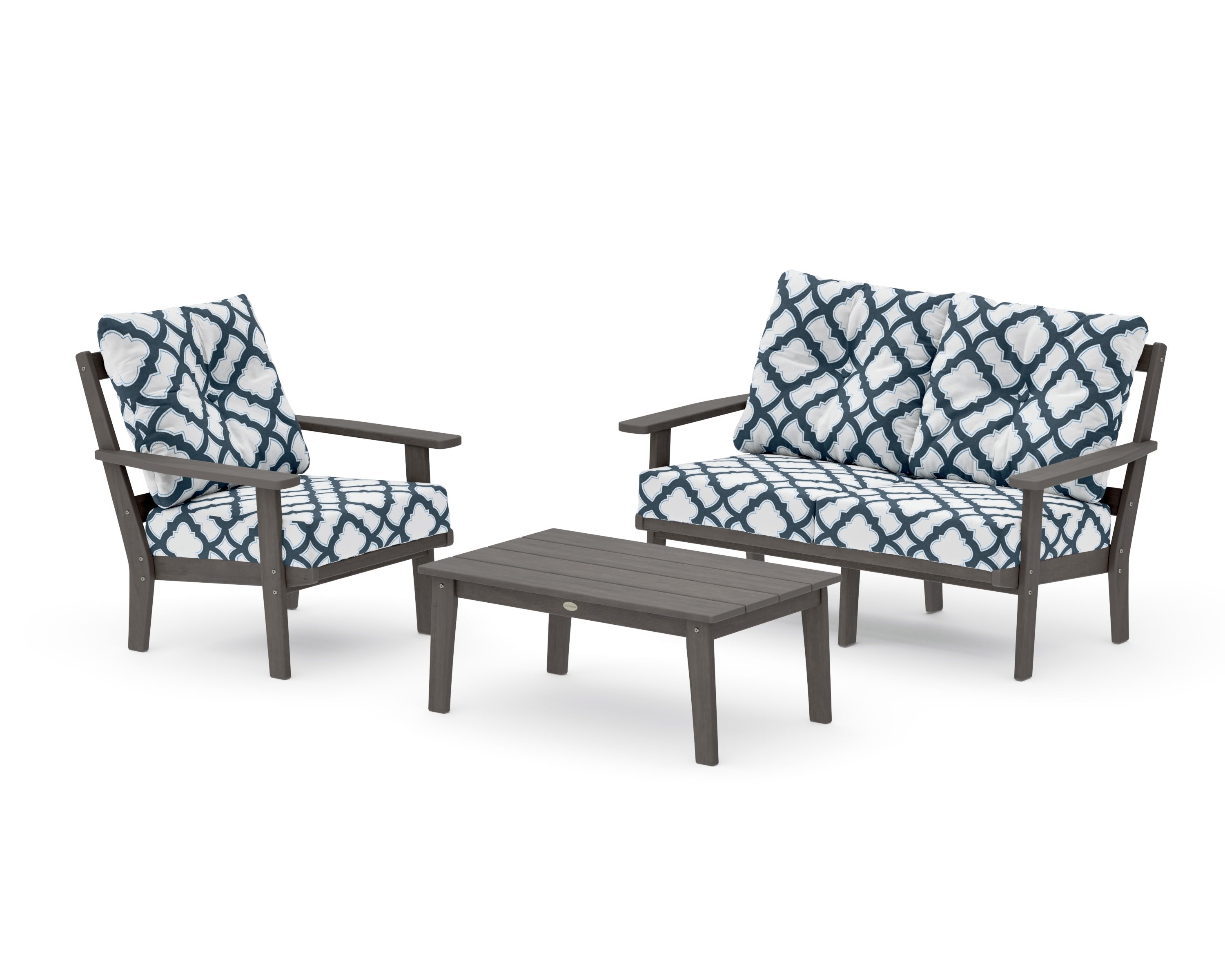 Oxford 3-Piece Deep Seating Set with Loveseat in Driftwood / Trellis Marine Indigo