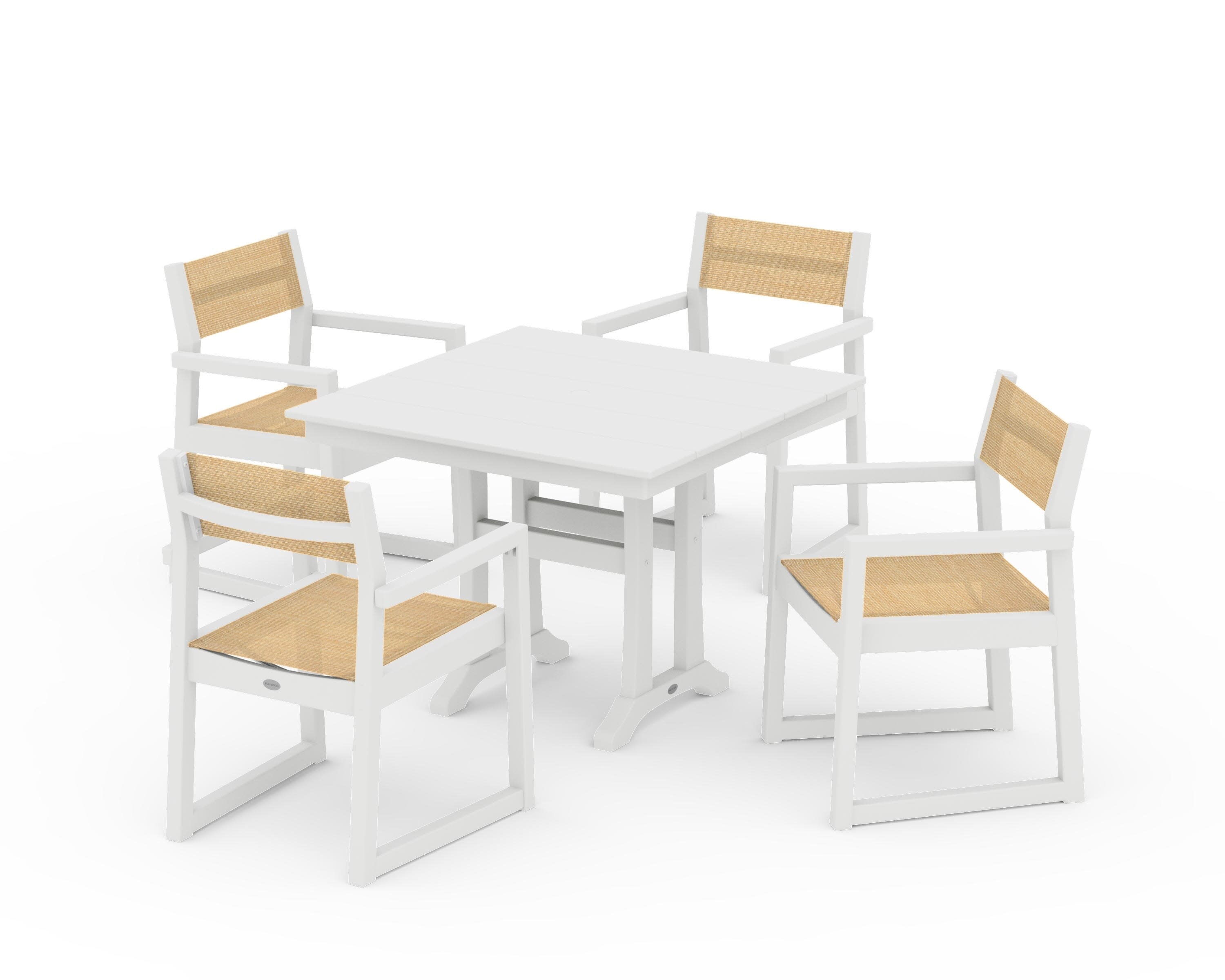 EDGE Sling 5-Piece Farmhouse Dining Set with Trestle Legs in White / Dupioni Apricot Sling
