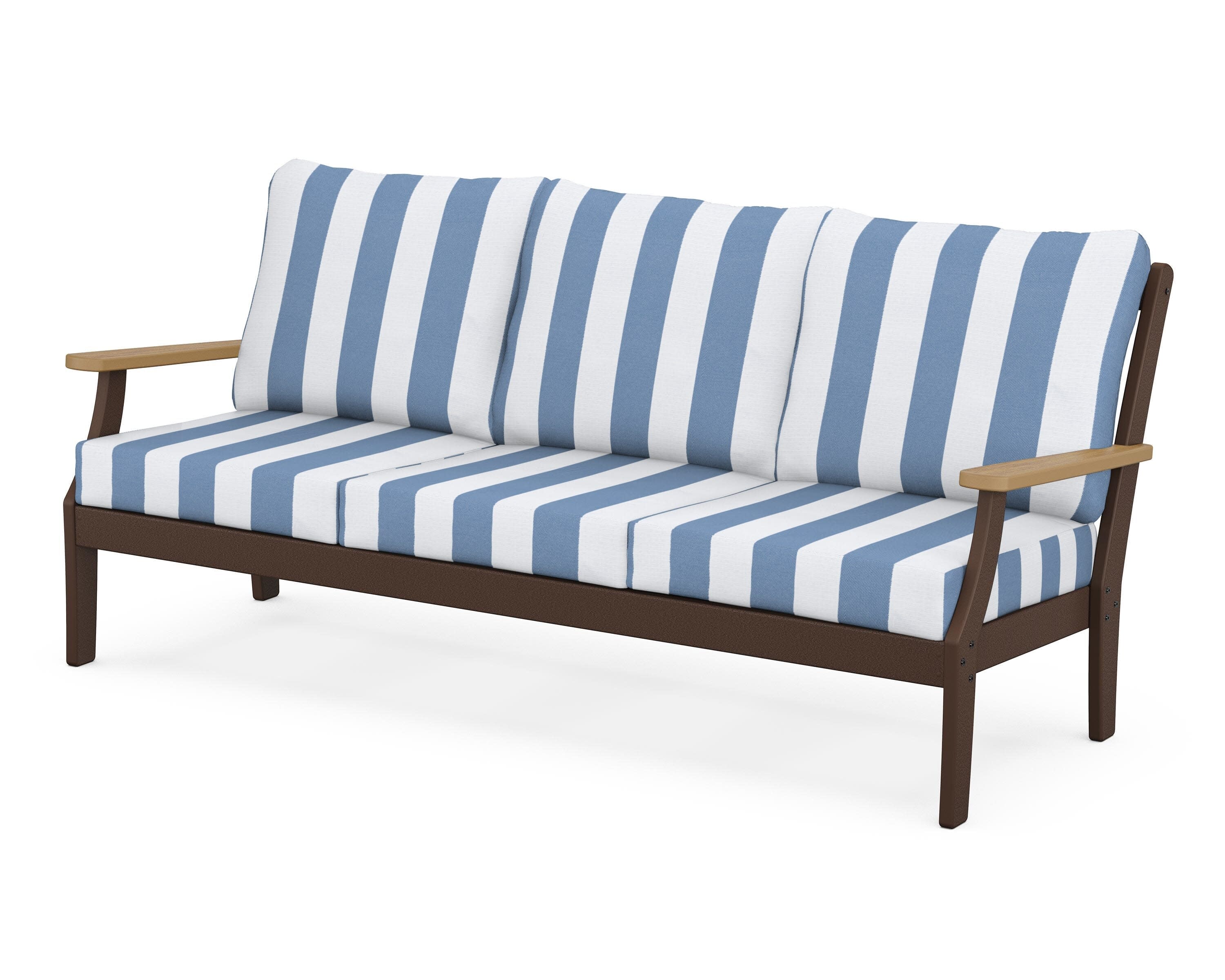 Braxton Deep Seating Sofa in Mahogany / Natural / Cabana Stripe Sky Blue