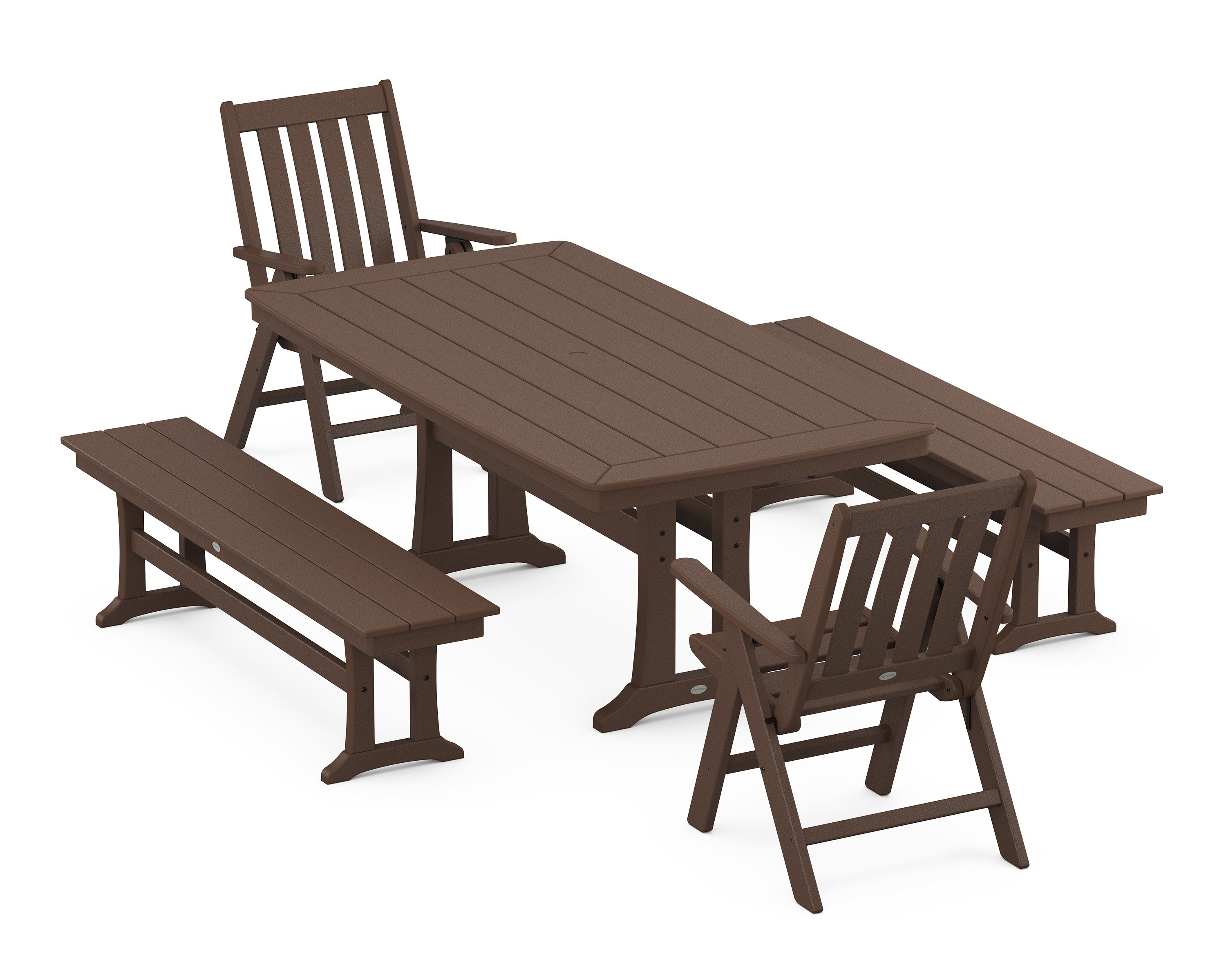 Vineyard Folding Chair 5-Piece Dining Set with Trestle Legs and Benches in Mahogany