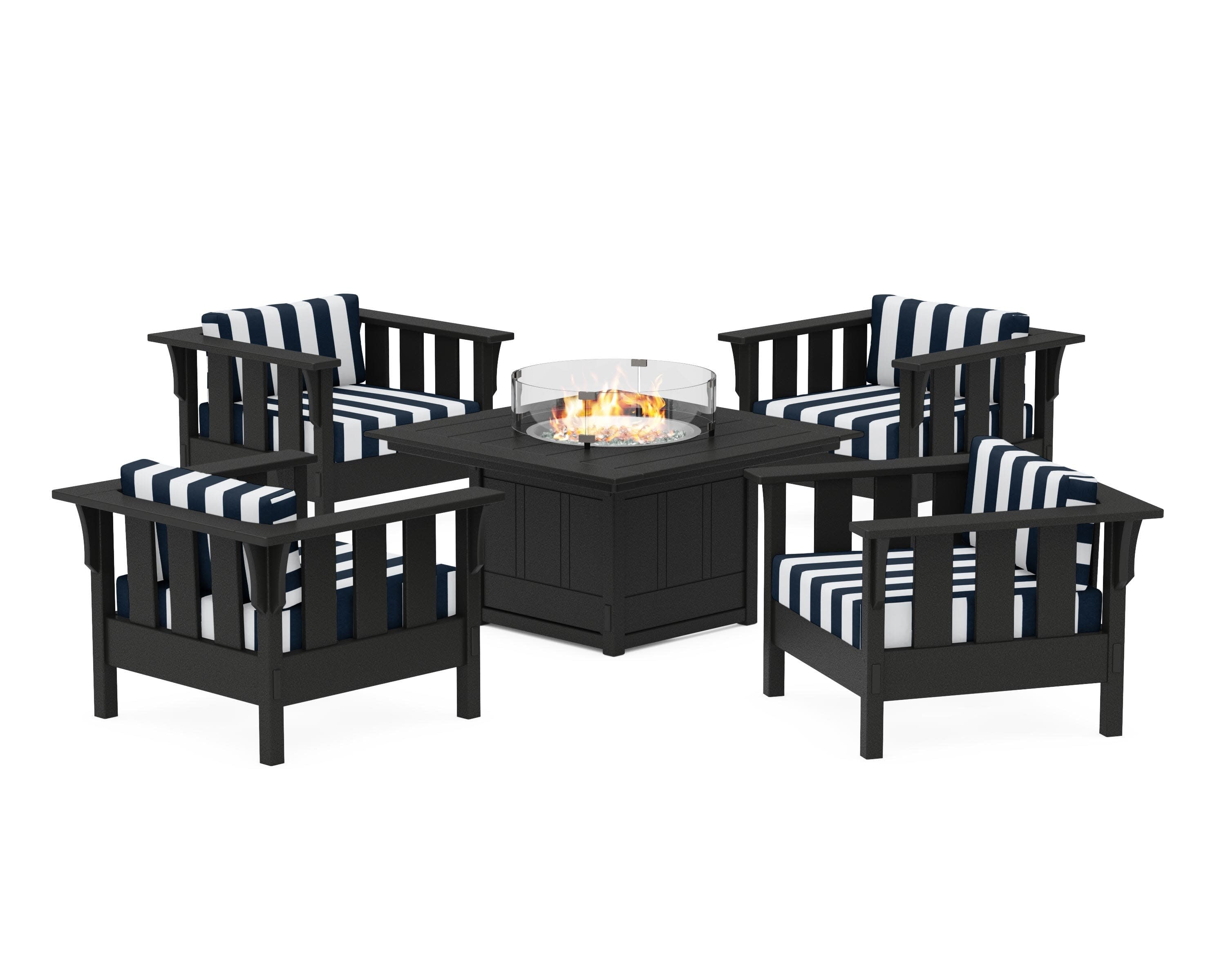 Acadia 5-Piece Deep Seating Set with Fire Pit Table in Black / Cabana Stripe Marine Indigo