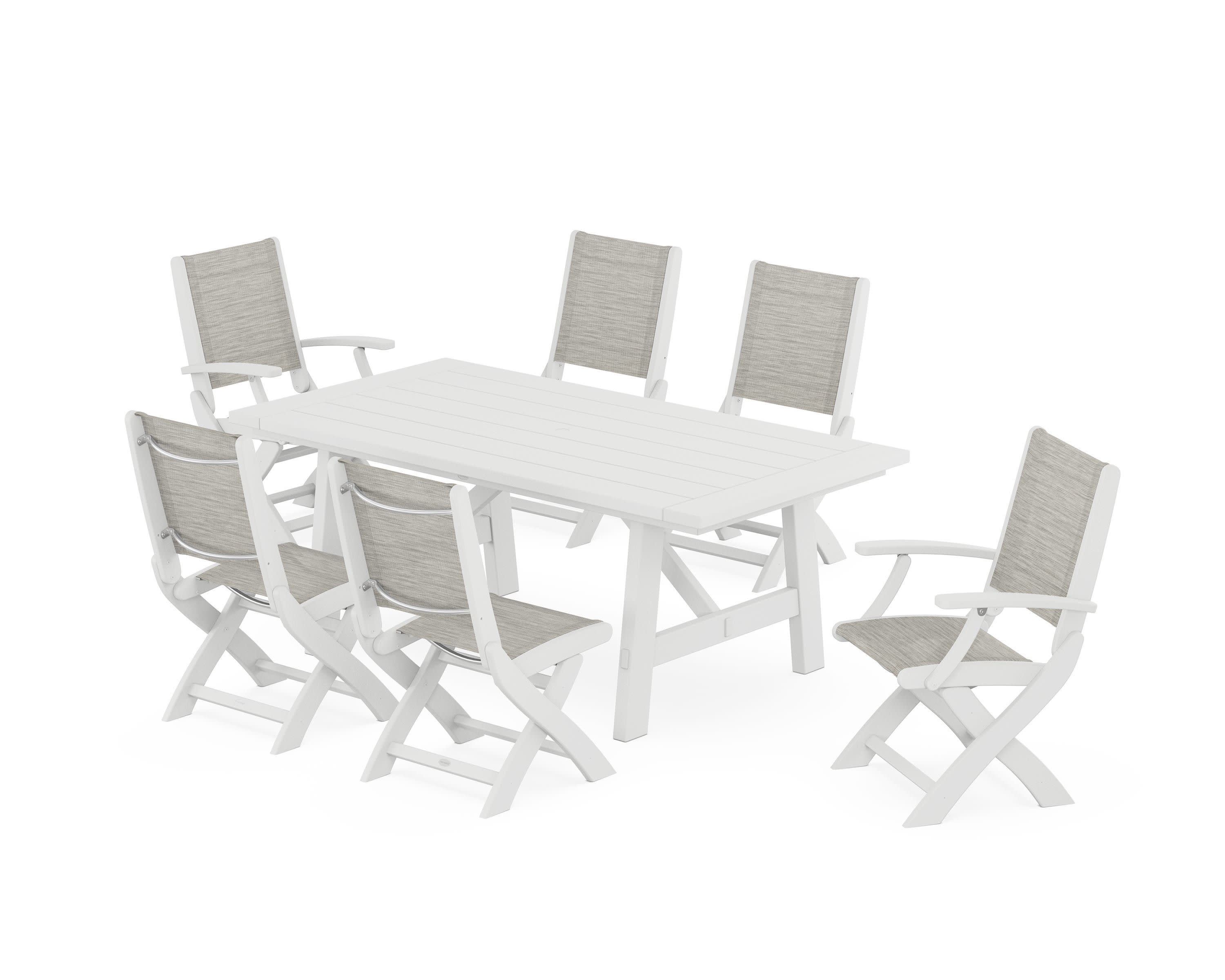 Coastal Folding Chair 7-Piece Rustic Farmhouse Dining Set in White / Birch Sling