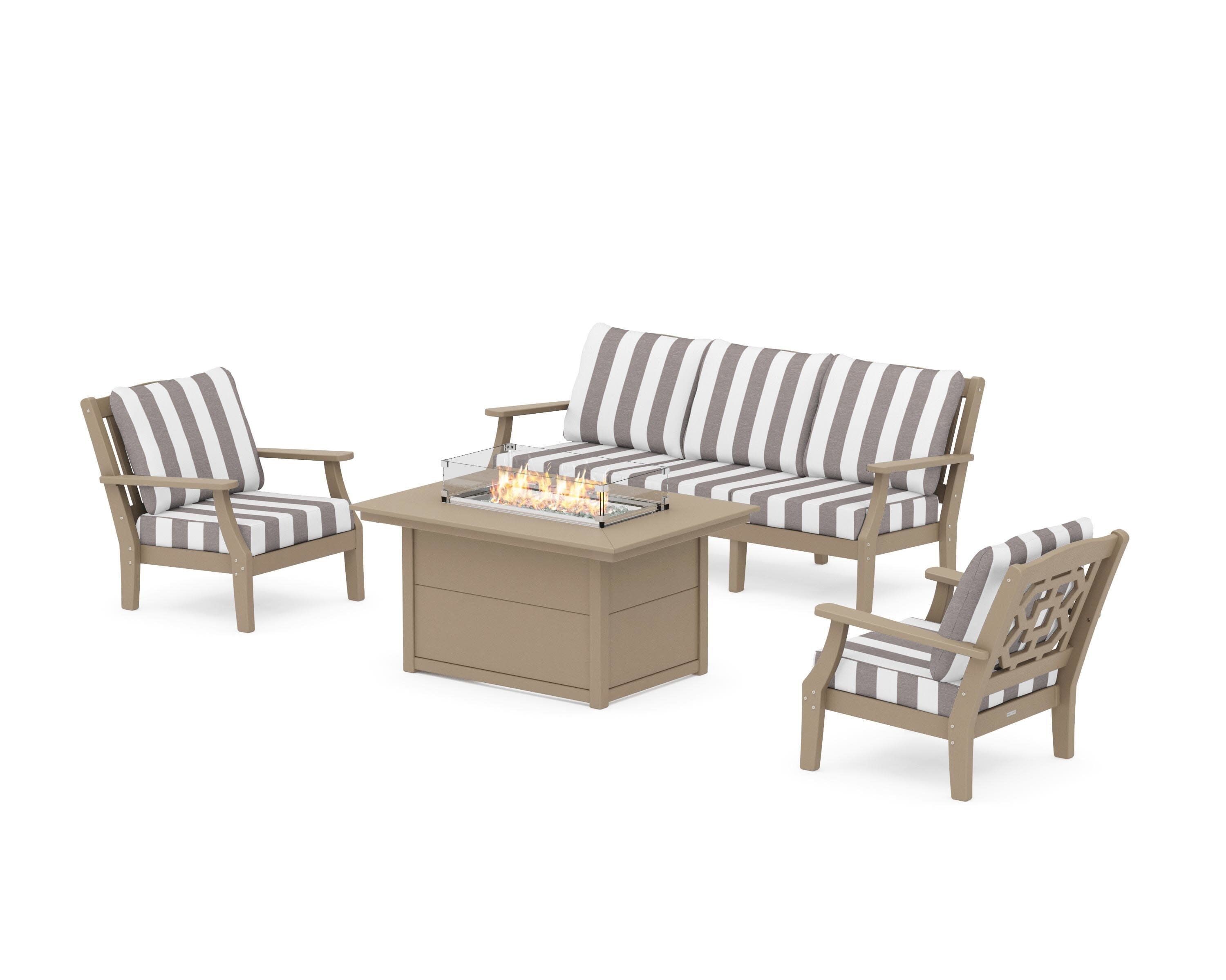 Chinoiserie Deep Seating Fire Pit Table Set in Vintage Sahara / Cabana Stripe Grey Mist