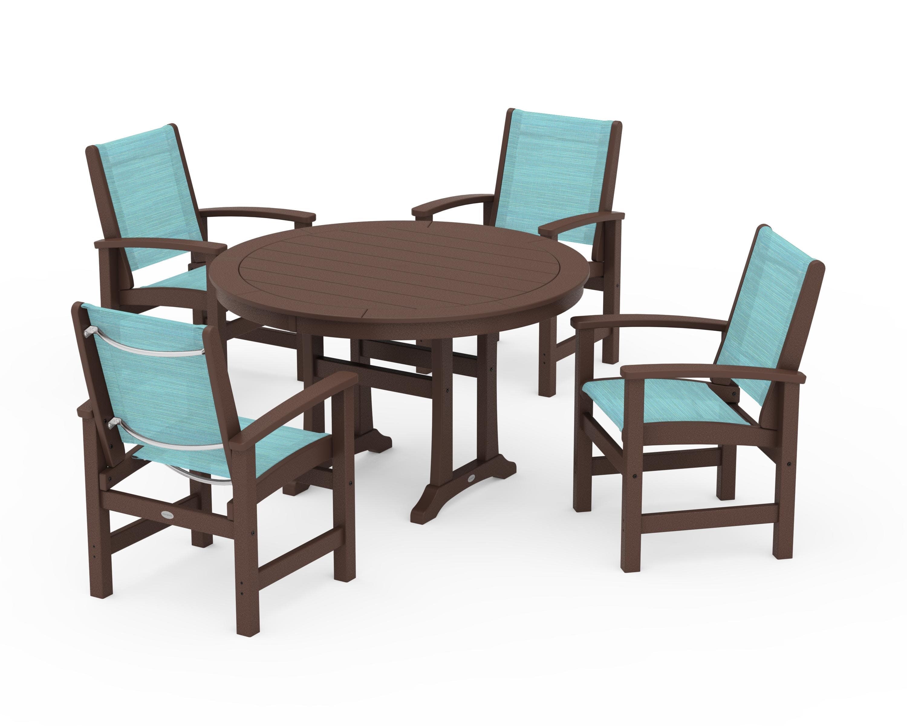 Coastal 5-Piece Round Dining Set with Trestle Legs in Mahogany / Dupioni Aquamarine Sling