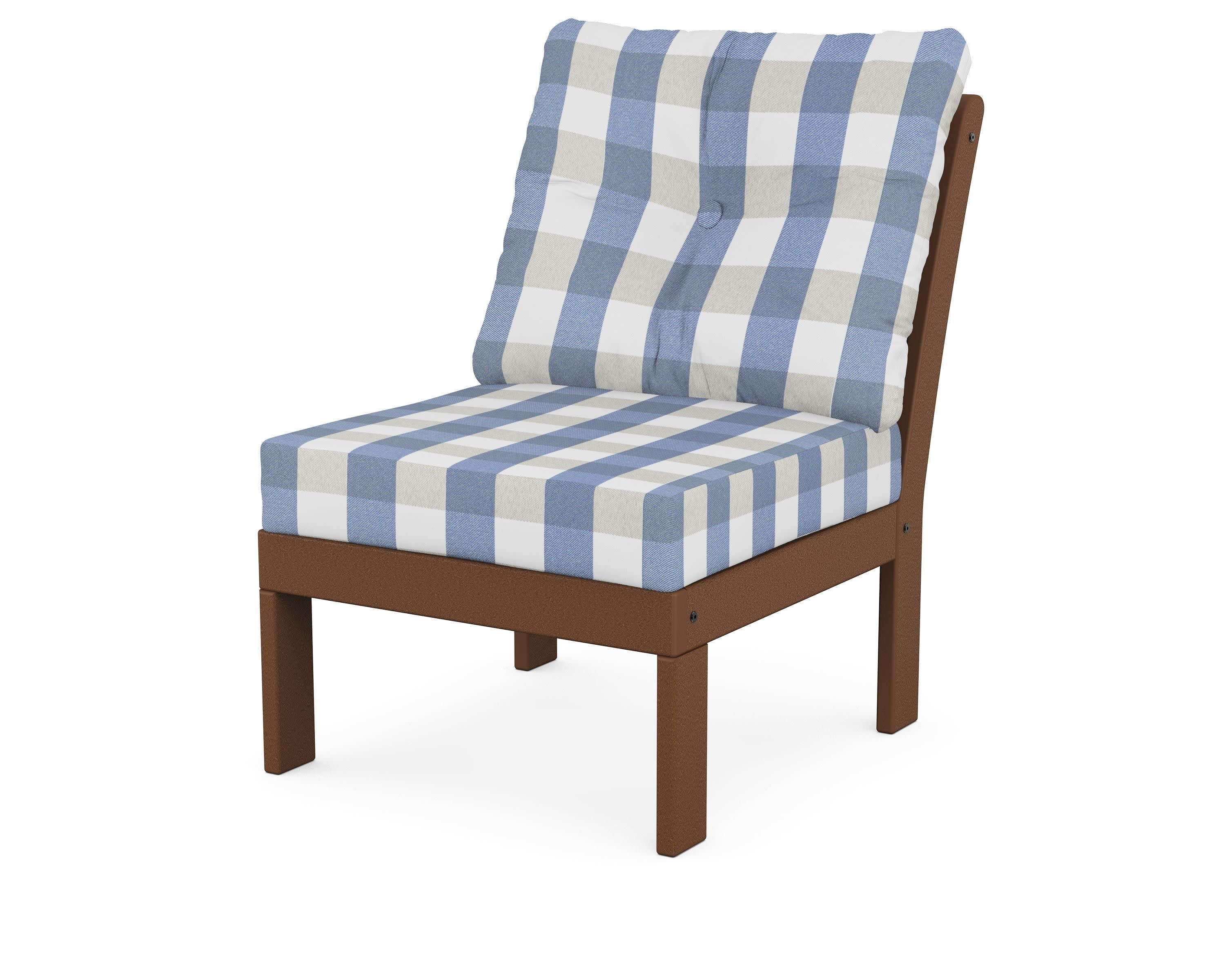 Vineyard Modular Armless Chair in Teak / Buffalo Plaid Sky Blue