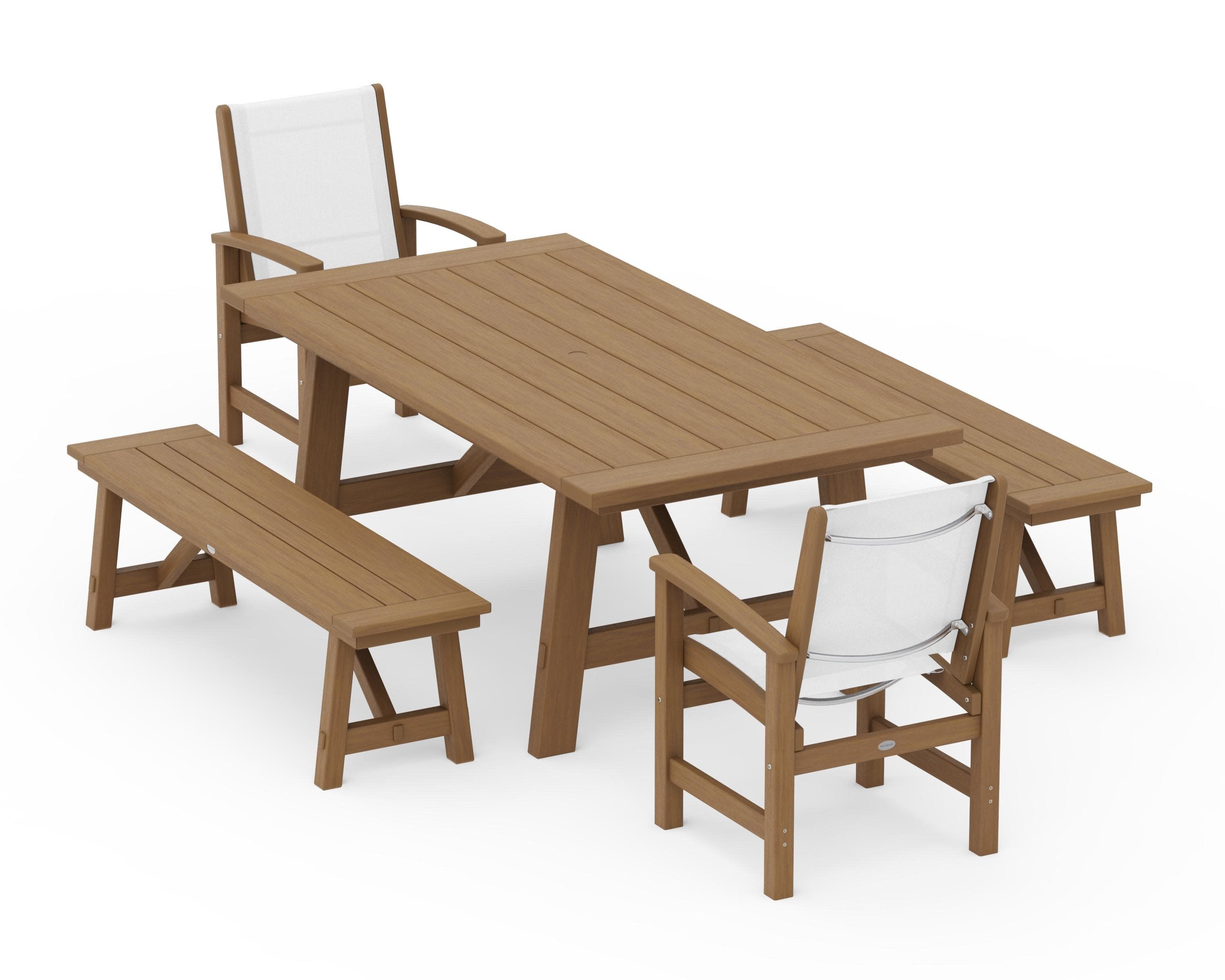 Coastal 5-Piece Rustic Farmhouse Dining Set With Benches in Natural / White Sling