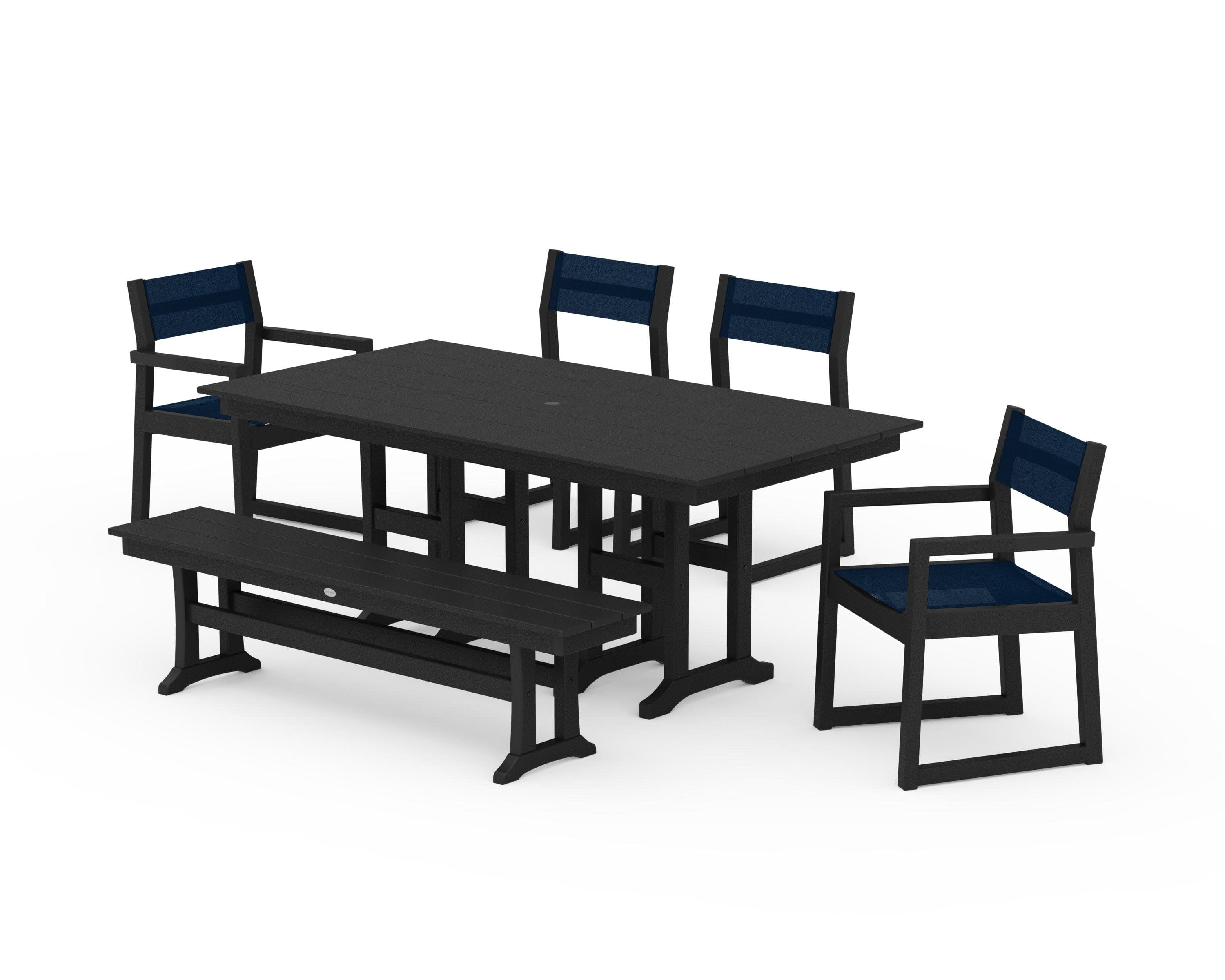 EDGE Sling 6-Piece Farmhouse Dining Set in Black / Navy Blue Sling