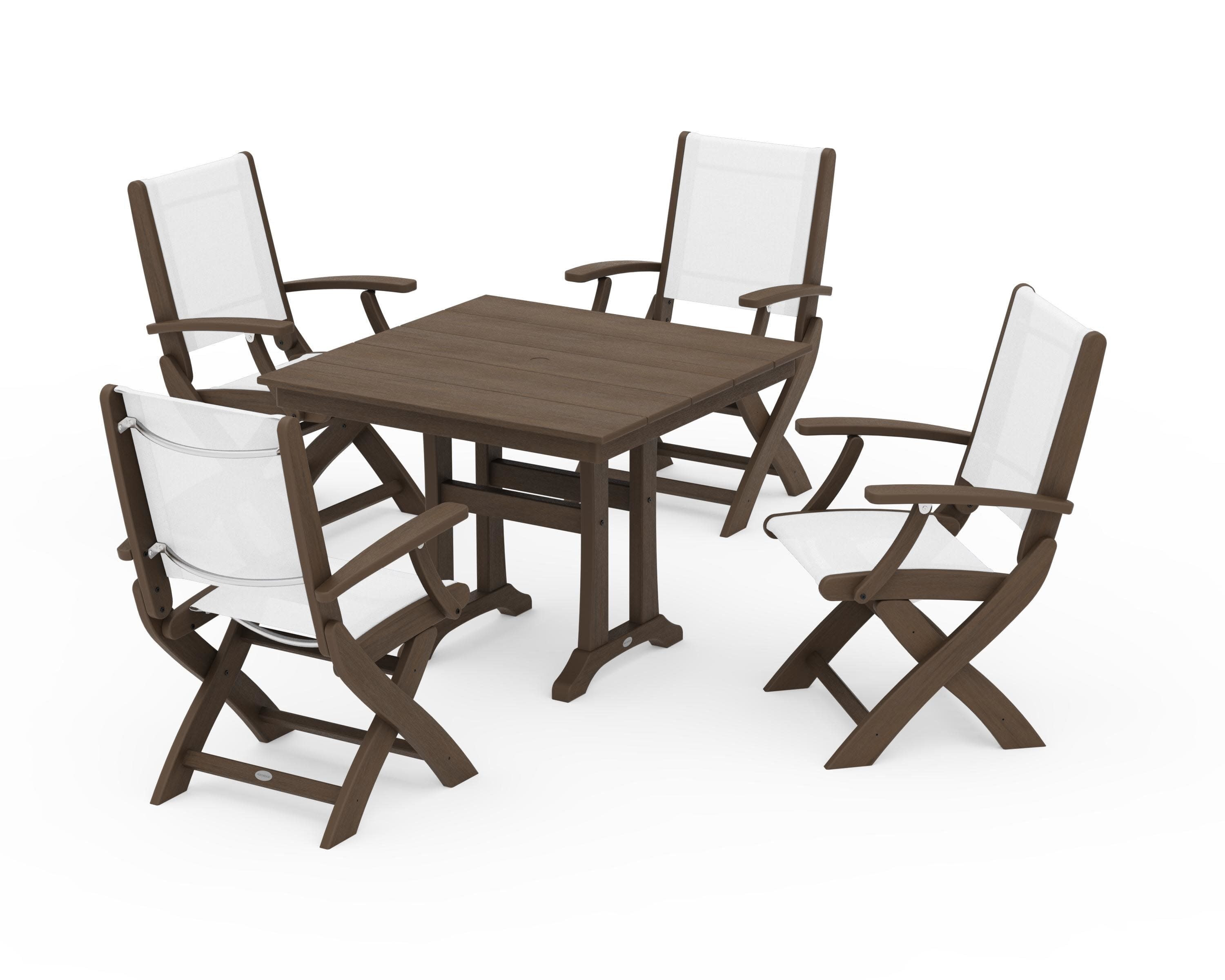Coastal Folding Chair 5-Piece Farmhouse Dining Set With Trestle Legs in Kona / White Sling
