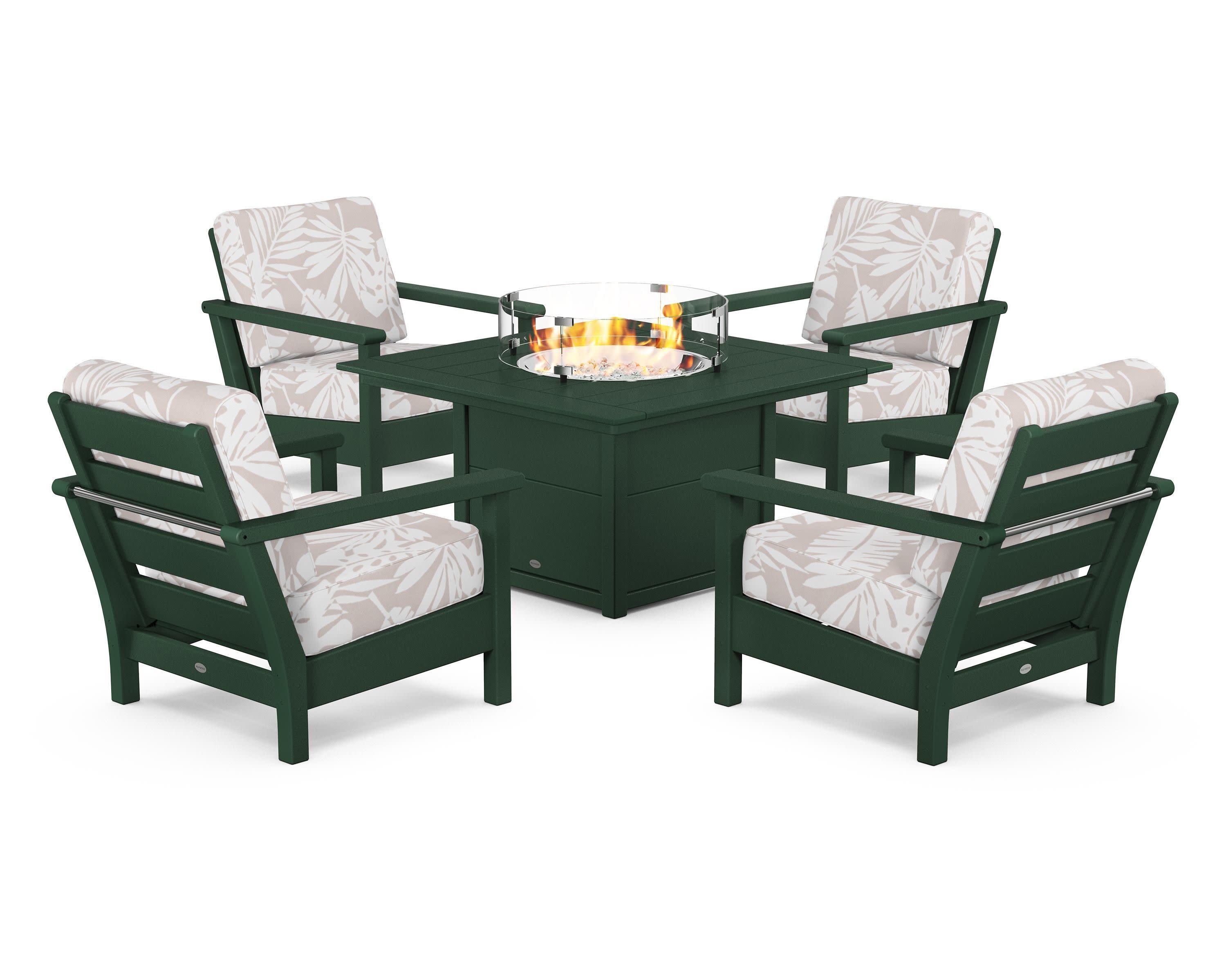 Harbour 5-Piece Conversation Set with Fire Pit Table in Green / Leaf Dune Burlap