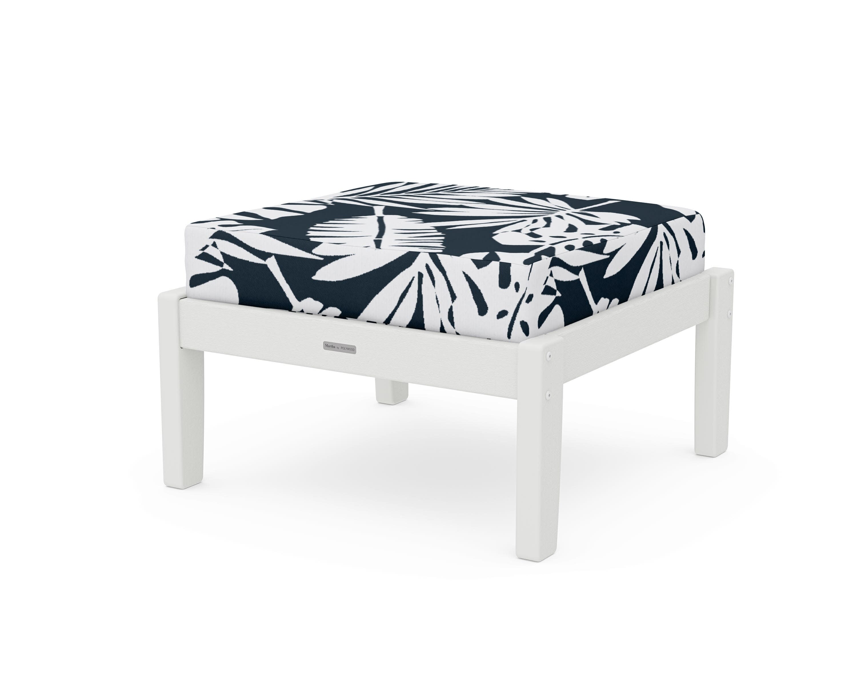 Chinoiserie Deep Seating Ottoman in Vintage White / Leaf Marine Indigo