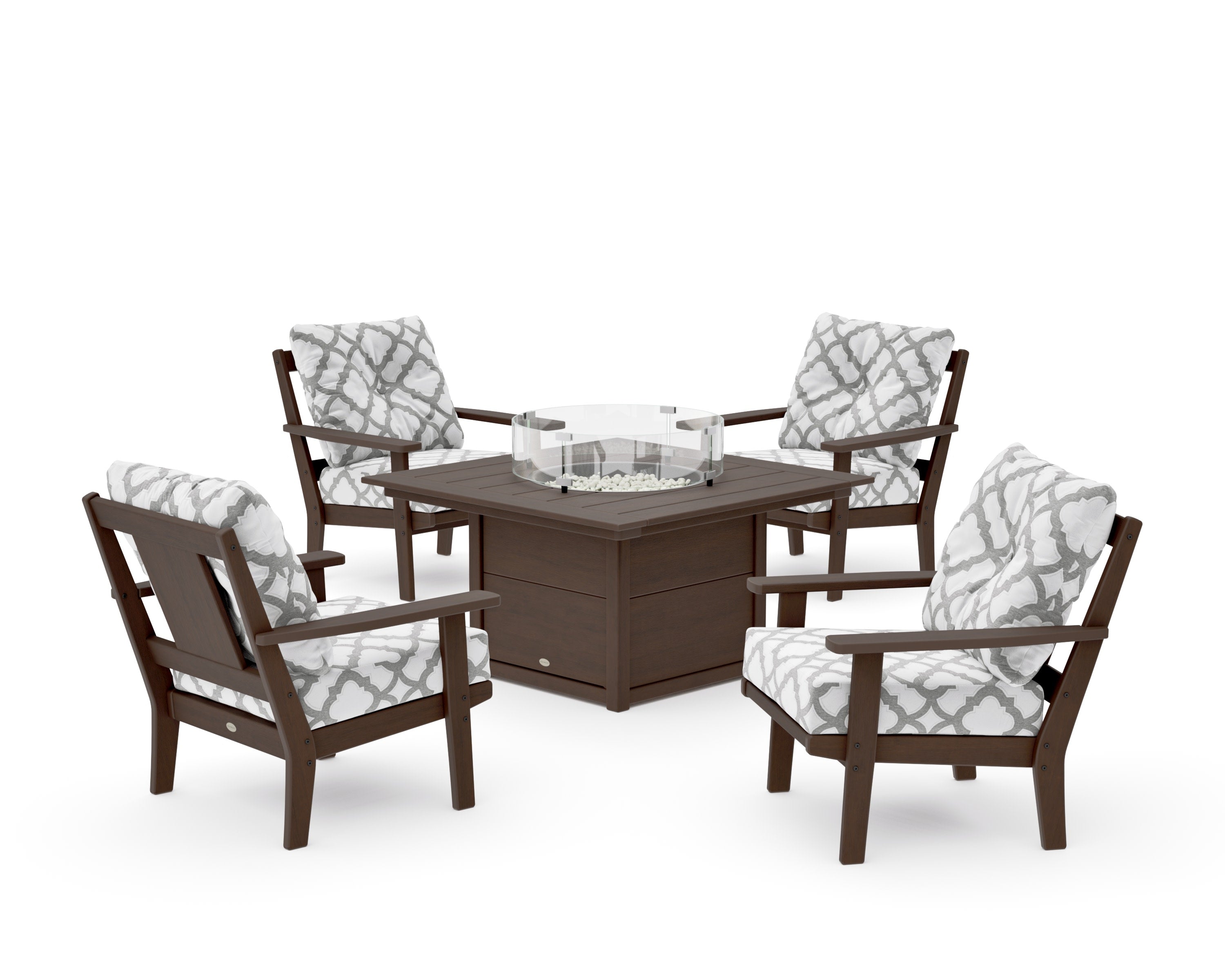 Prairie 5-Piece Deep Seating Set with Fire Pit Table in Kona / Trellis Grey Mist