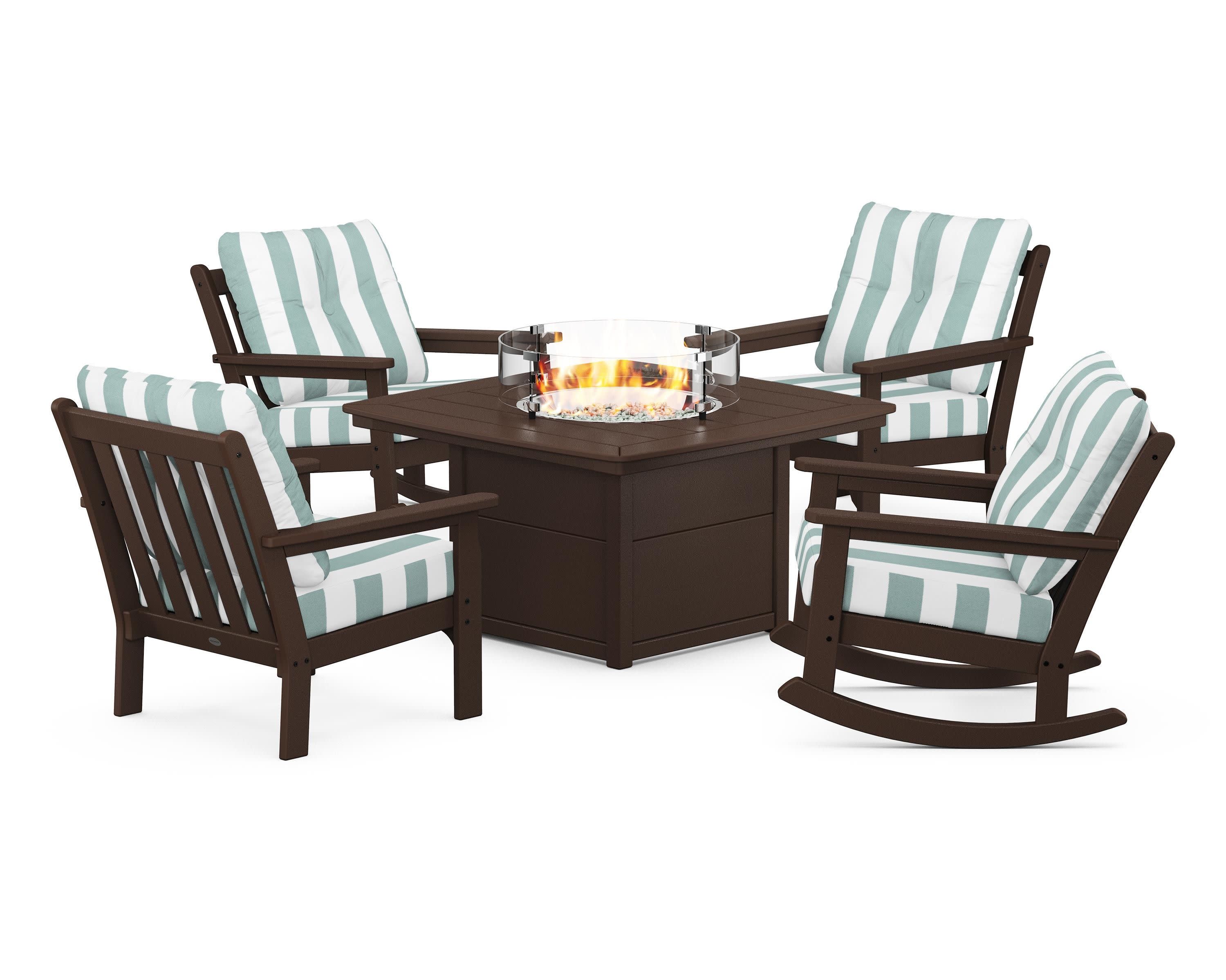 Vineyard 5-Piece Deep Seating Rocking Chair Conversation Set with Fire Pit Table in Mahogany / Cabana Stripe Glacier Spa