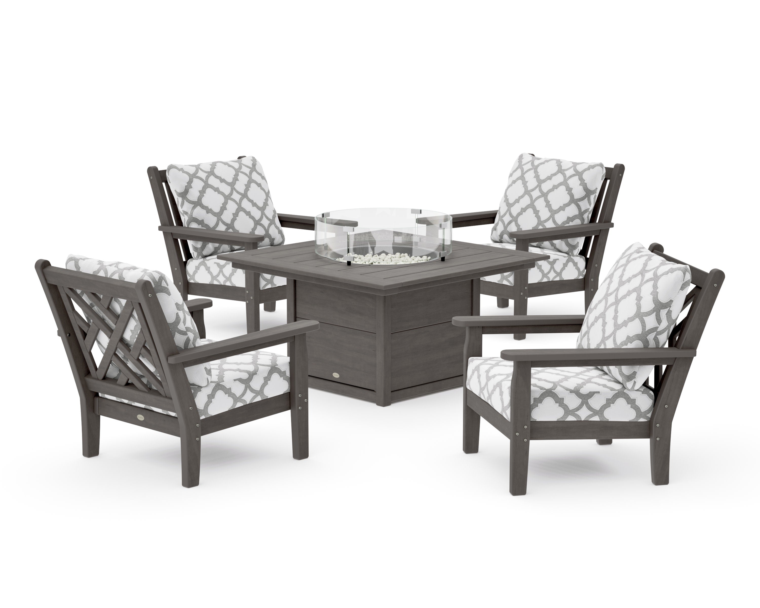Chippendale 5-Piece Deep Seating Set with Fire Pit Table in Driftwood / Trellis Grey Mist