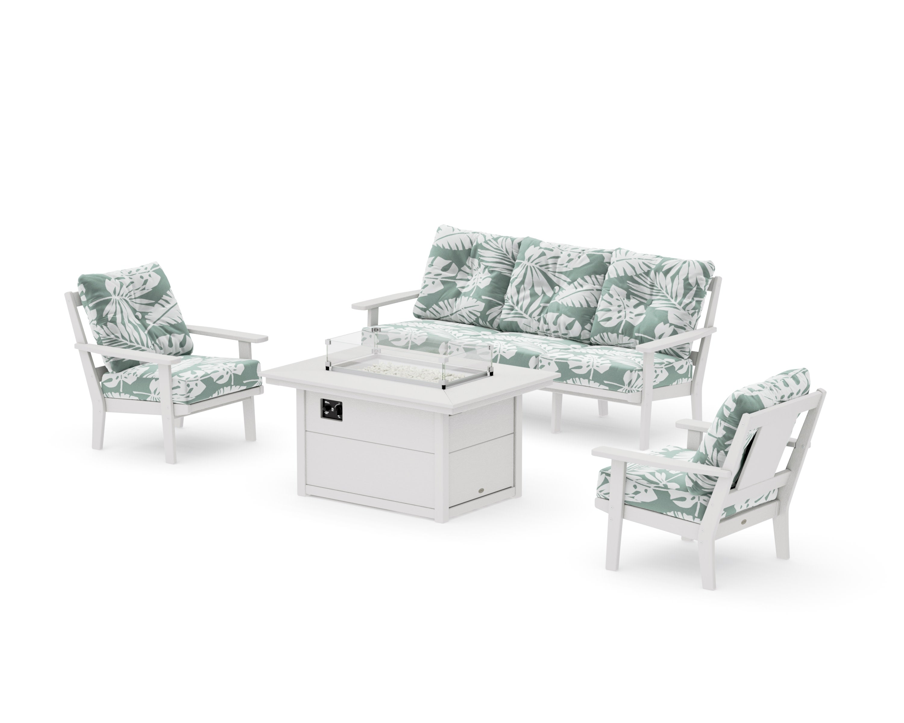 Prairie Deep Seating Fire Pit Table Set in Vintage White / Leaf Glacier Spa