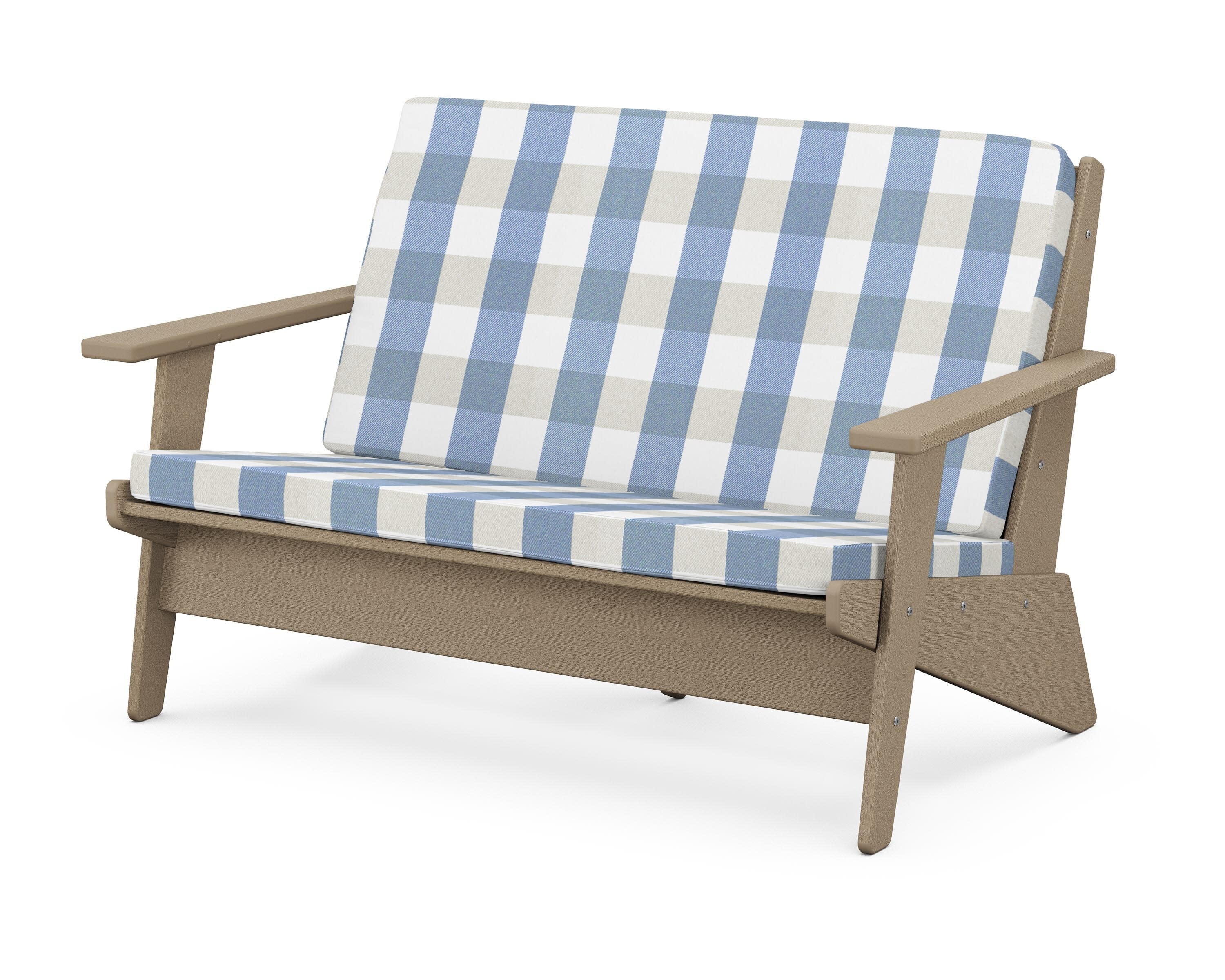 Riviera Modern Lounge Loveseat in Vintage Sahara / Buffalo Plaid Sky Blue