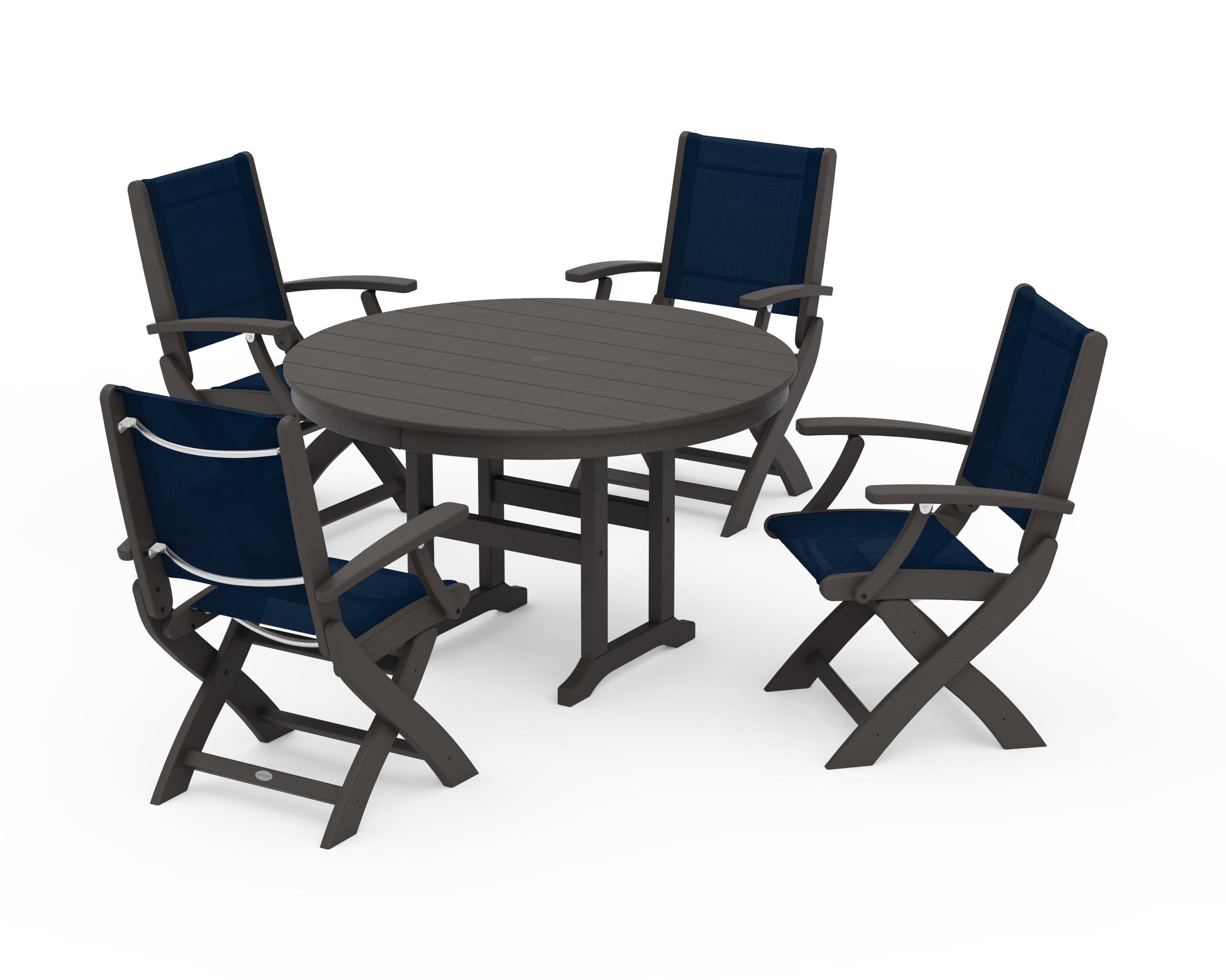 Coastal Folding Chair 5-Piece Round Dining Set in Vintage Coffee / Navy Blue Sling