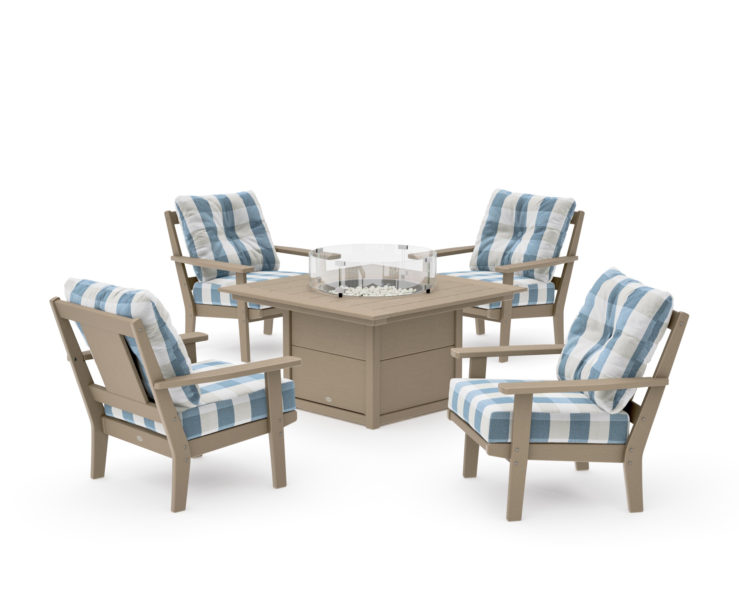 Prairie 5-Piece Deep Seating Set with Fire Pit Table in Vintage Sahara / Buffalo Plaid Sky Blue