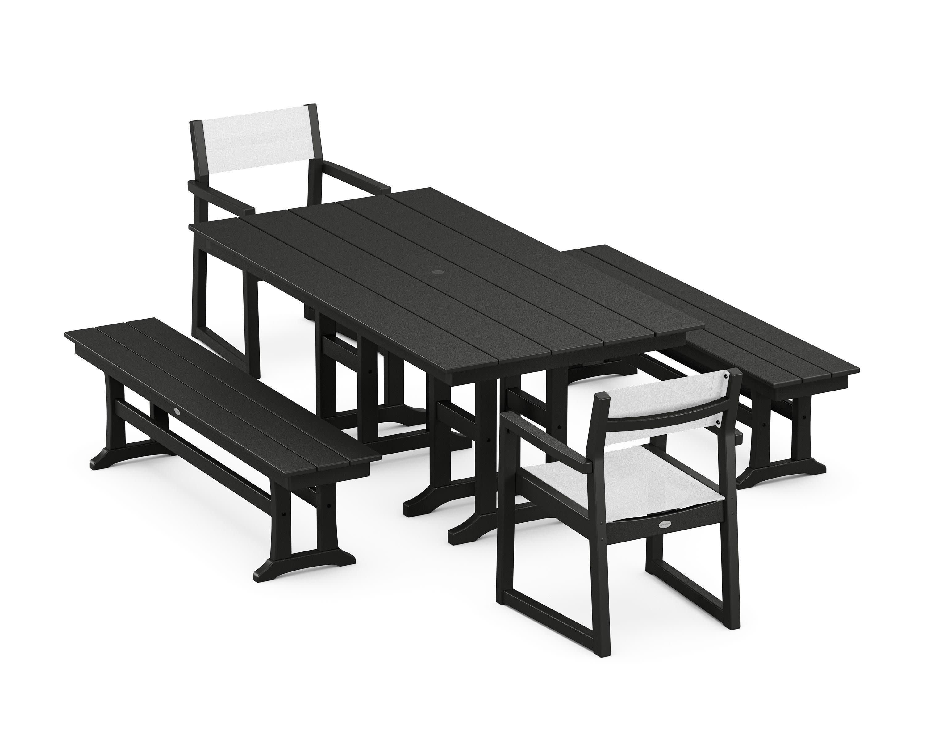 EDGE Sling Arm Chair 5-Piece Farmhouse Dining Set with Benches in Black / White Sling