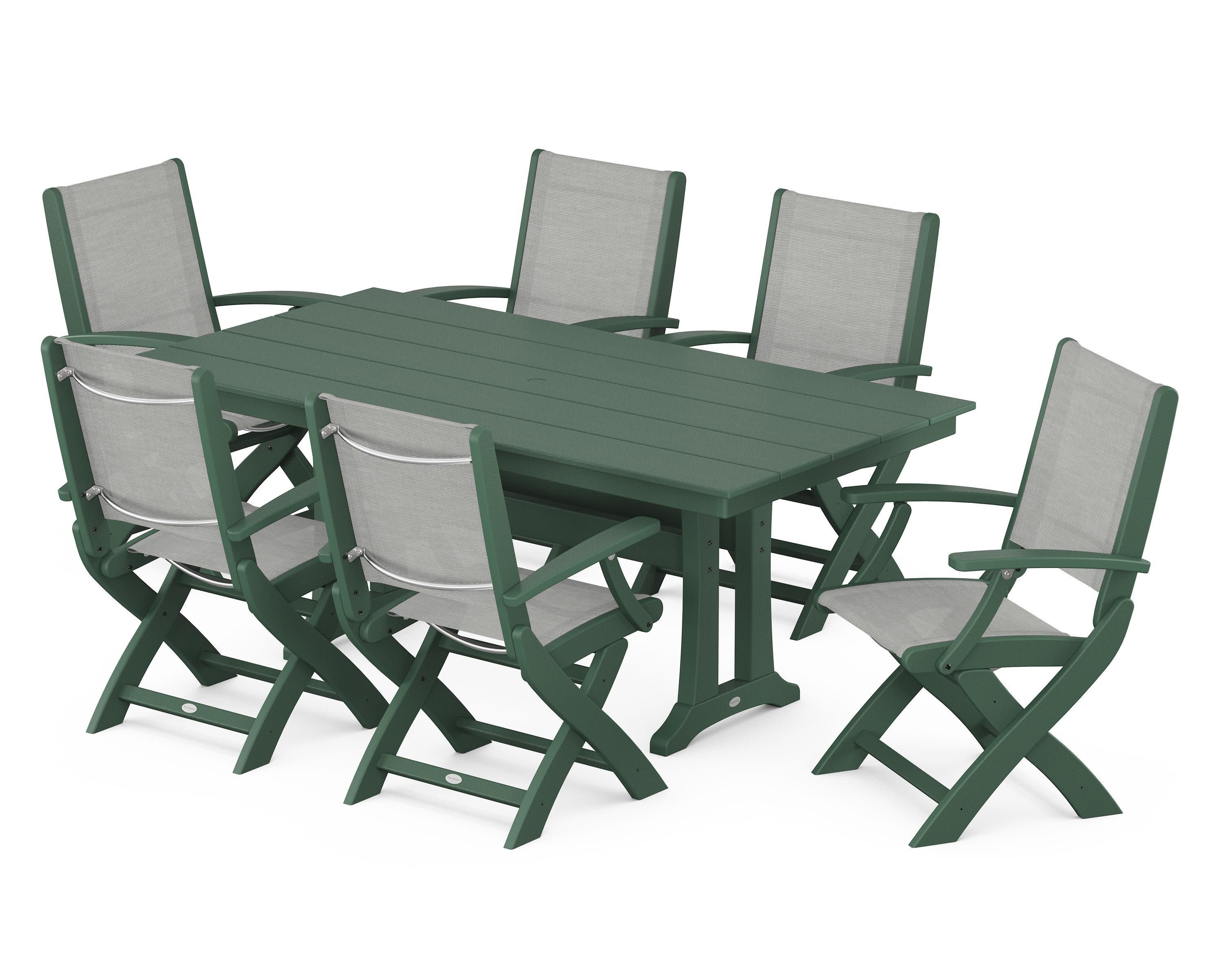 Coastal Folding Arm Chair 7-Piece Farmhouse Dining Set with Trestle Legs in Green / Metallic Sling