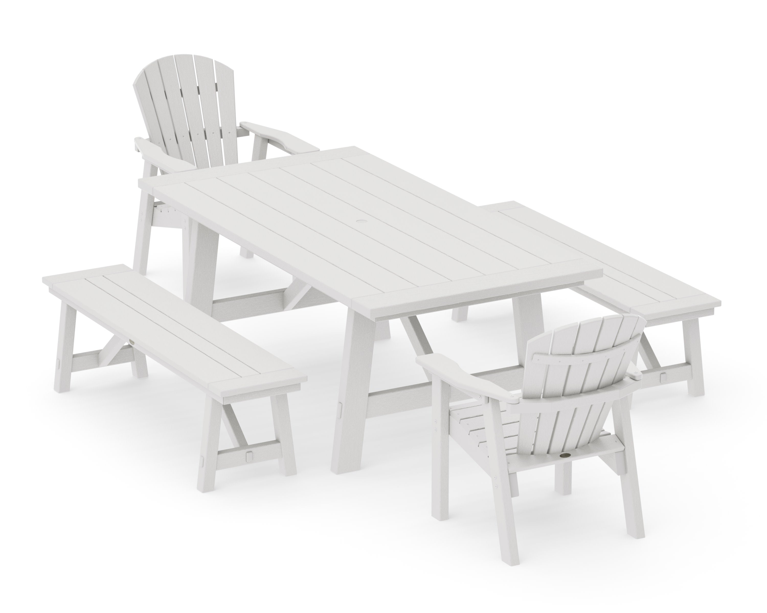 Seashell 5-Piece Rustic Farmhouse Dining Set With Benches in Vintage White