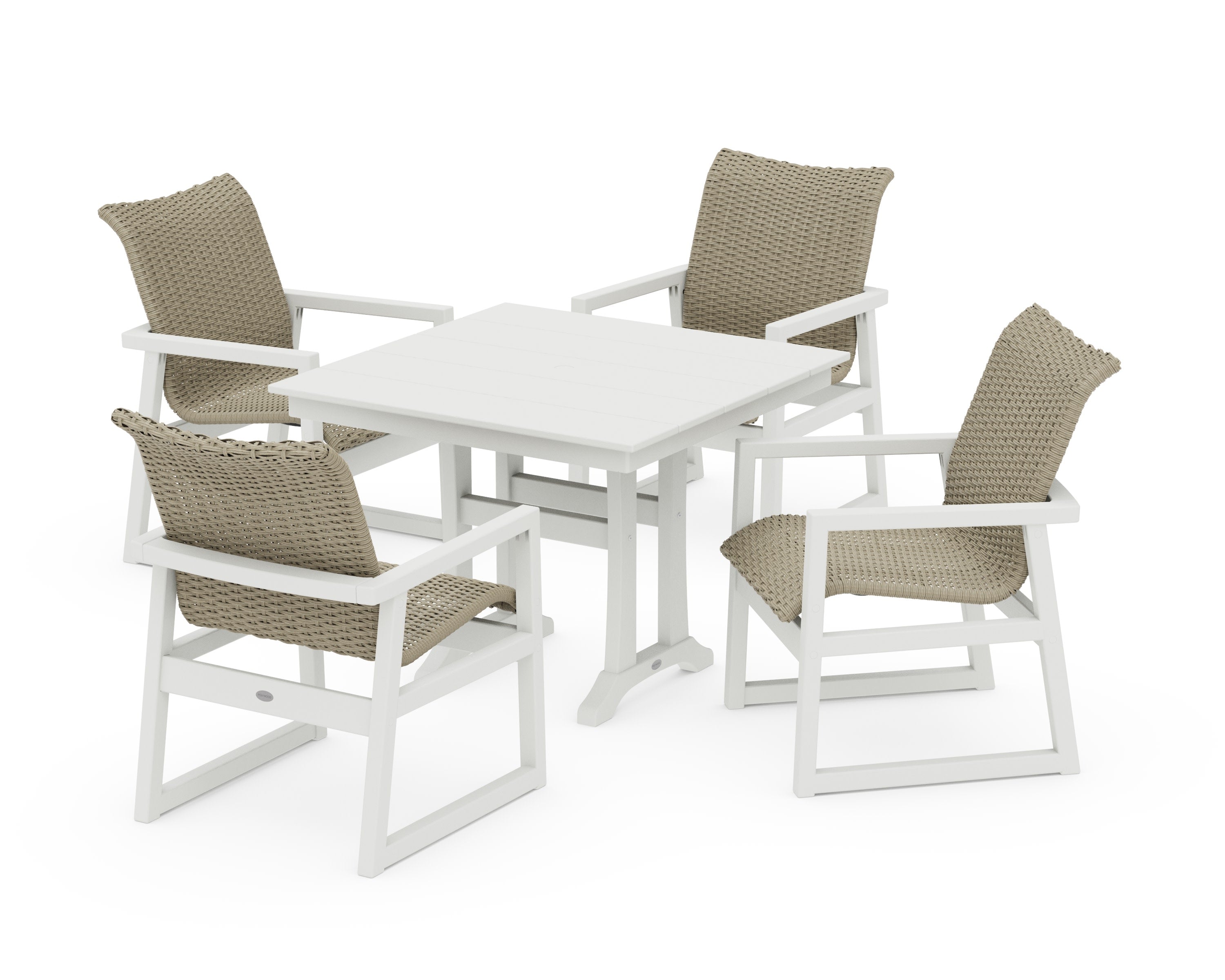 EDGE Woven 5-Piece Farmhouse Dining Set with Trestle Legs in Vintage White / Dune Grass