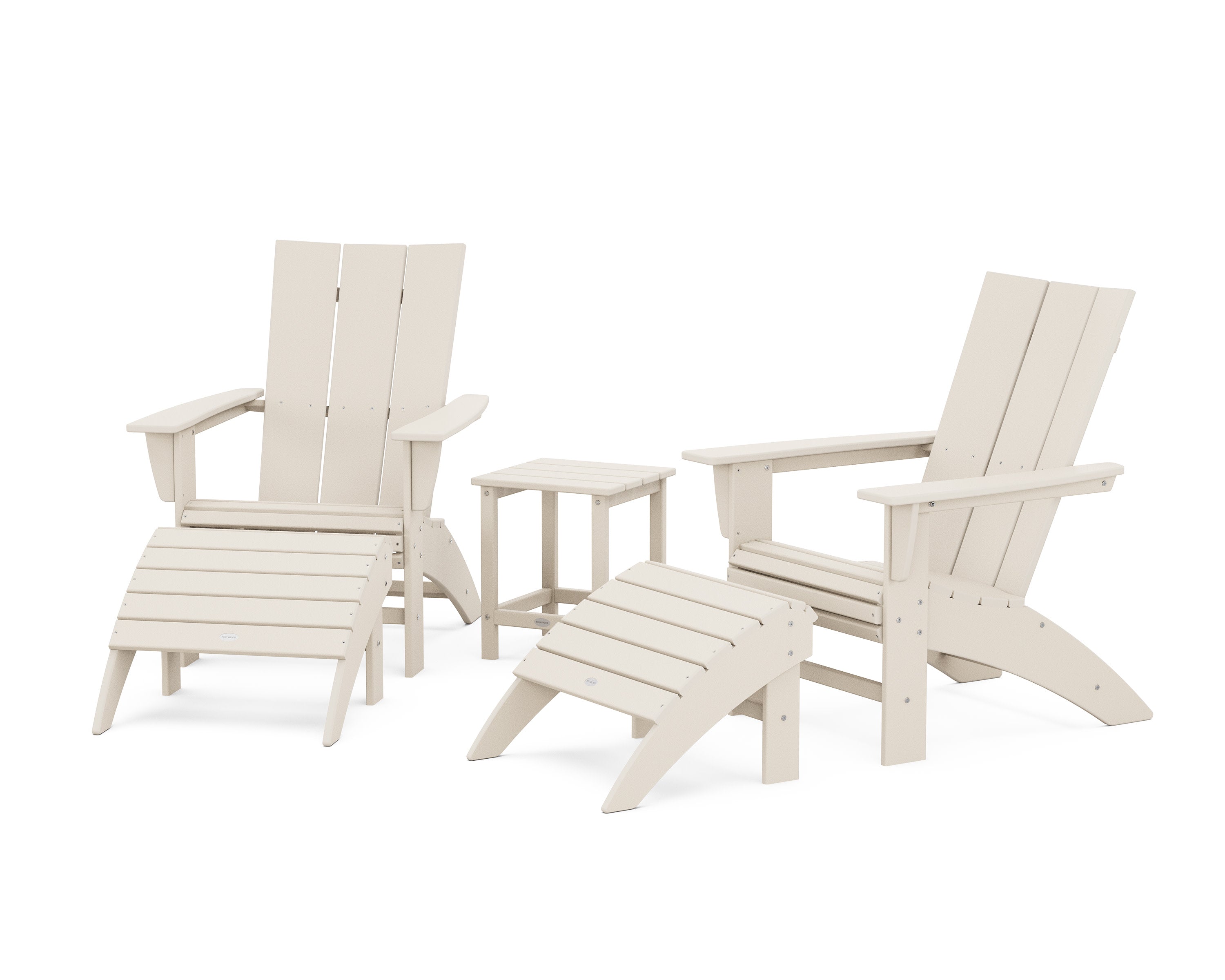 Modern Curveback Adirondack Chair 5-Piece Set with Ottomans and 18" Side Table in Sand