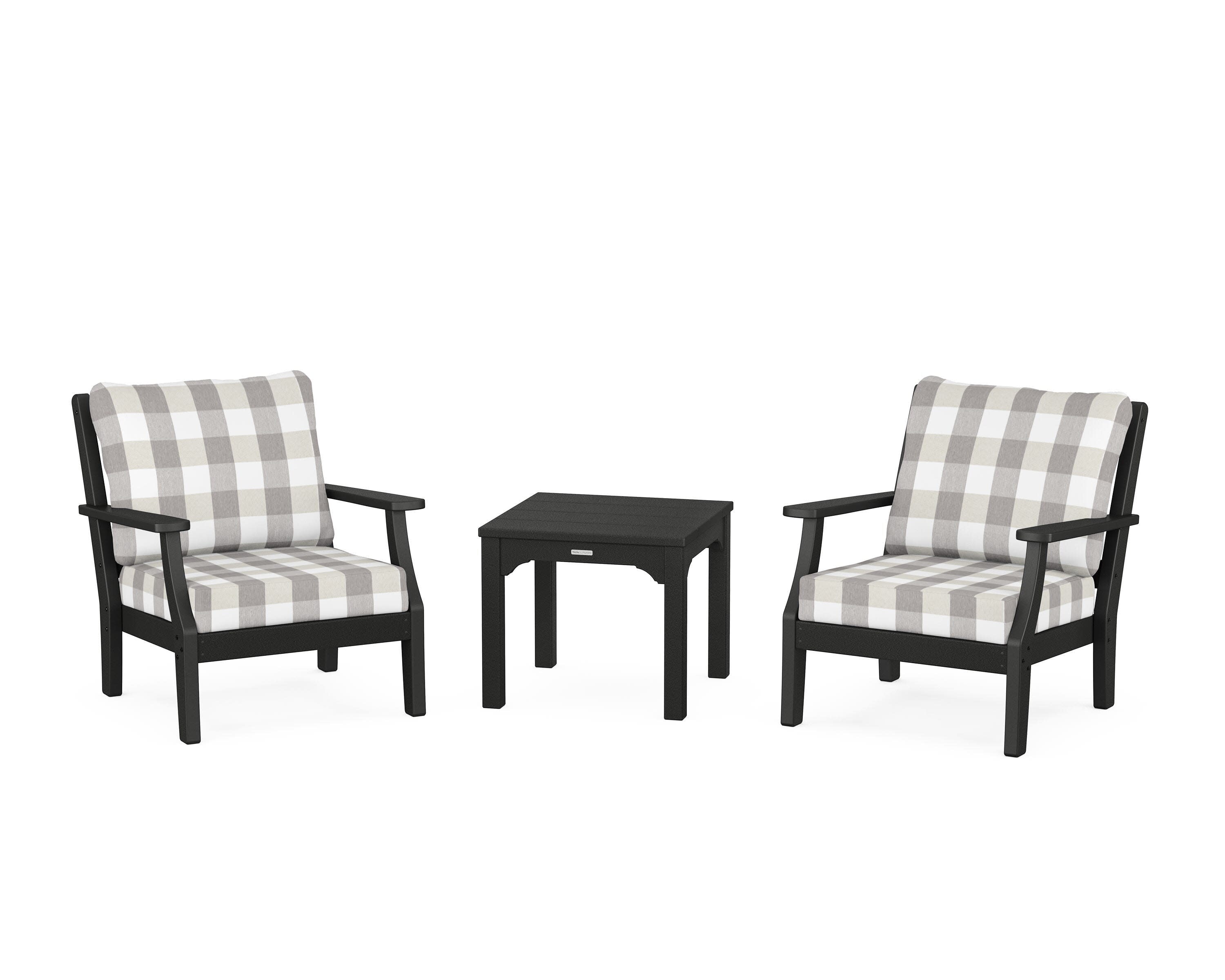 Chinoiserie 3-Piece Deep Seating Set in Black / Buffalo Plaid Grey Mist