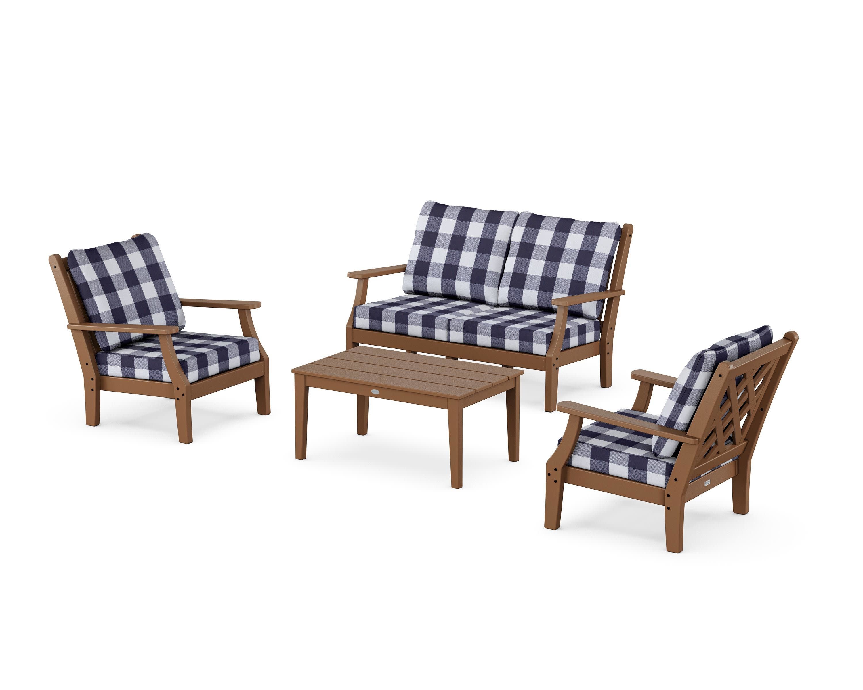 Wovendale 4-Piece Deep Seating Set with Loveseat in Teak / Buffalo Plaid Navy