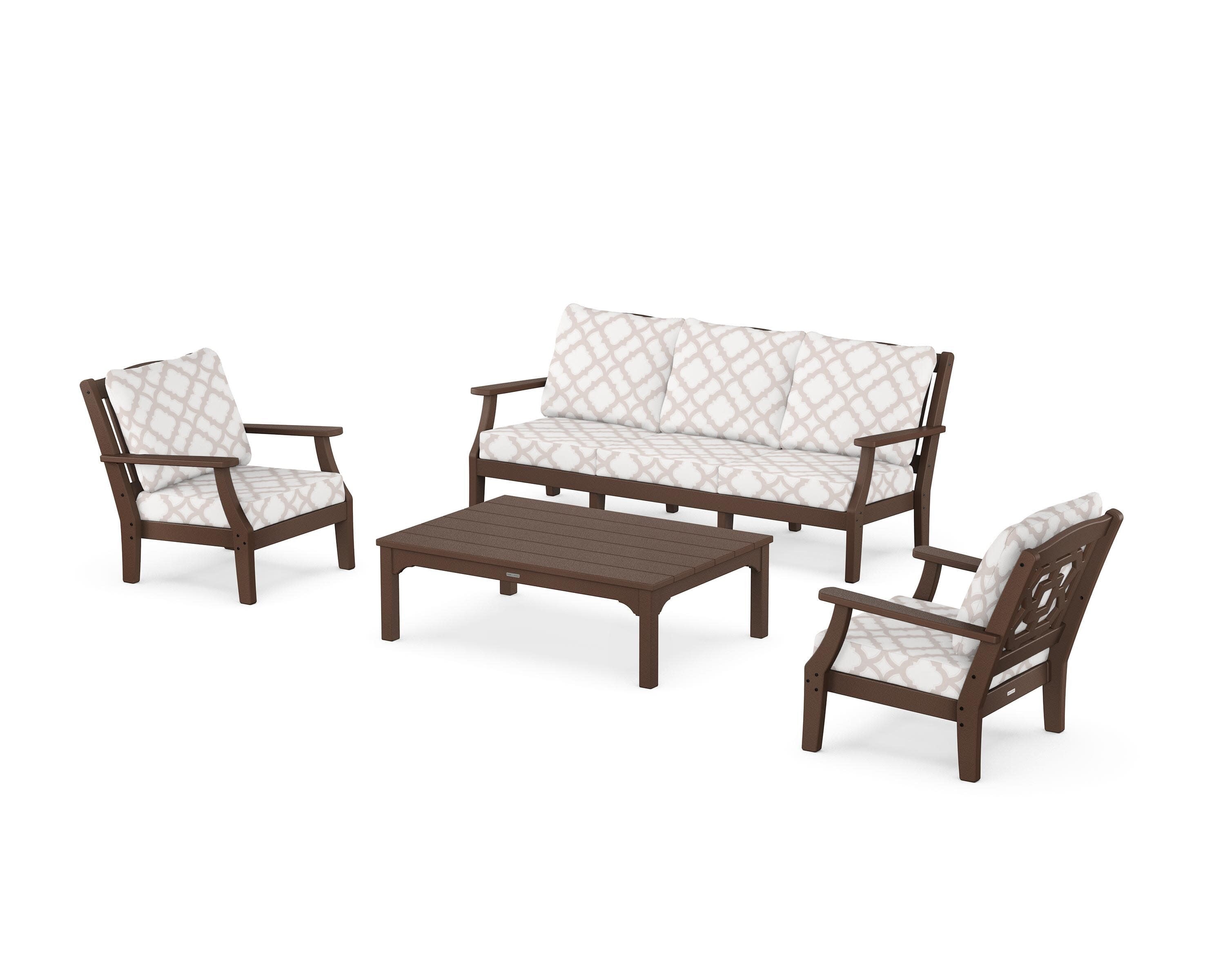 Chinoiserie 4-Piece Deep Seating Set with Sofa in Mahogany / Trellis Dune Burlap