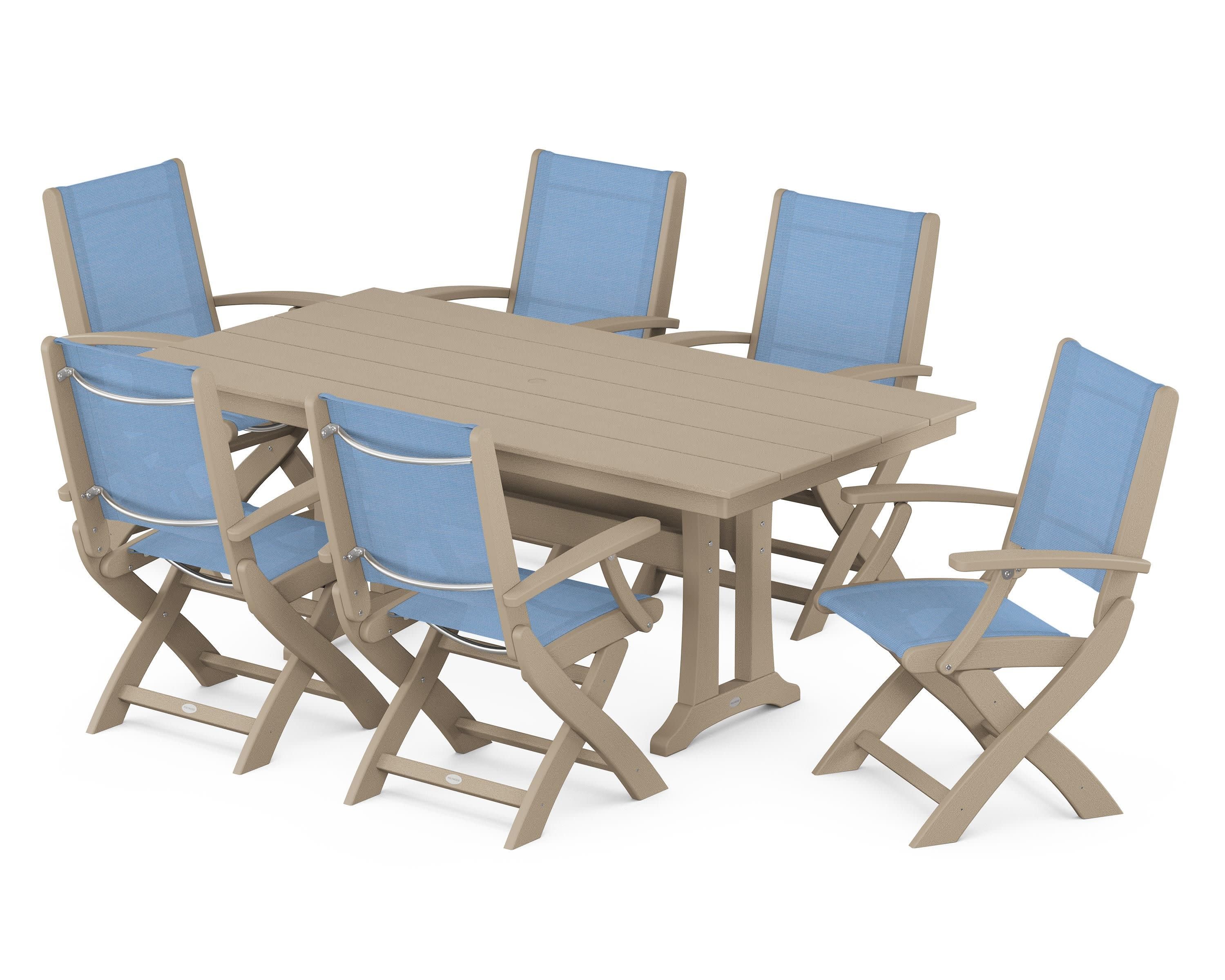 Coastal Folding Arm Chair 7-Piece Farmhouse Dining Set with Trestle Legs in Vintage Sahara / Poolside Sling