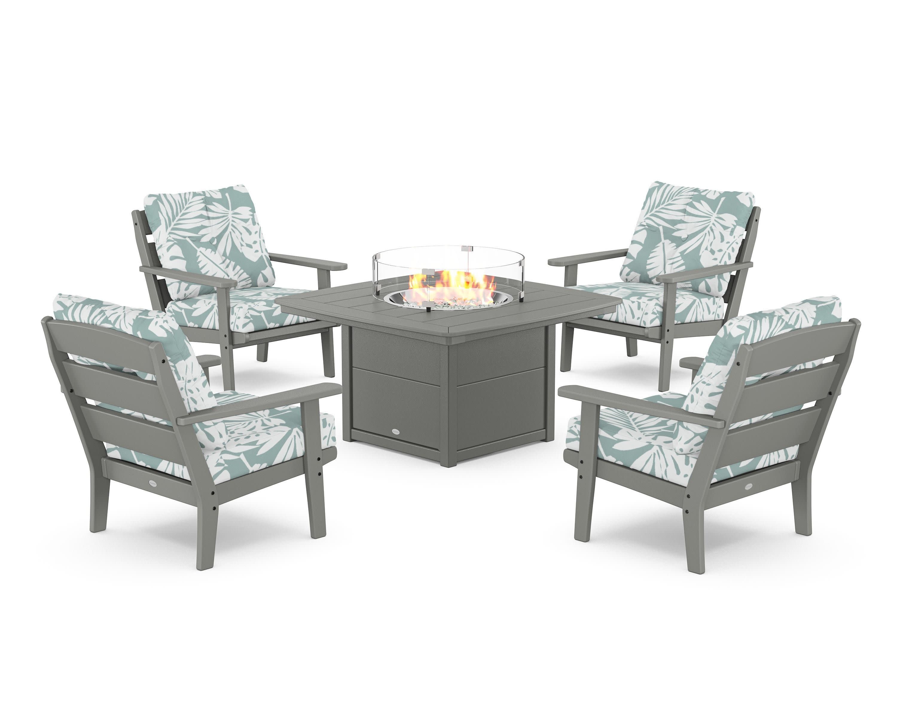 Lakeside 5-Piece Deep Seating Set with Nautical Fire Pit Table in Slate Grey / Leaf Glacier Spa
